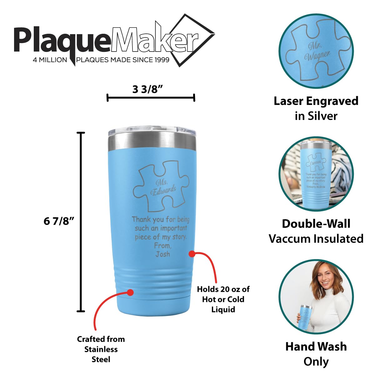 Personalized 'Thank You For Being A Piece of My Story' 20oz Insulated Travel Tumbler with Lid - Sky Blue Custom Coffee Tea Mug - Perfect Gift for Teachers, Mentors, Leaders - Great for Office, School & Daily Commute