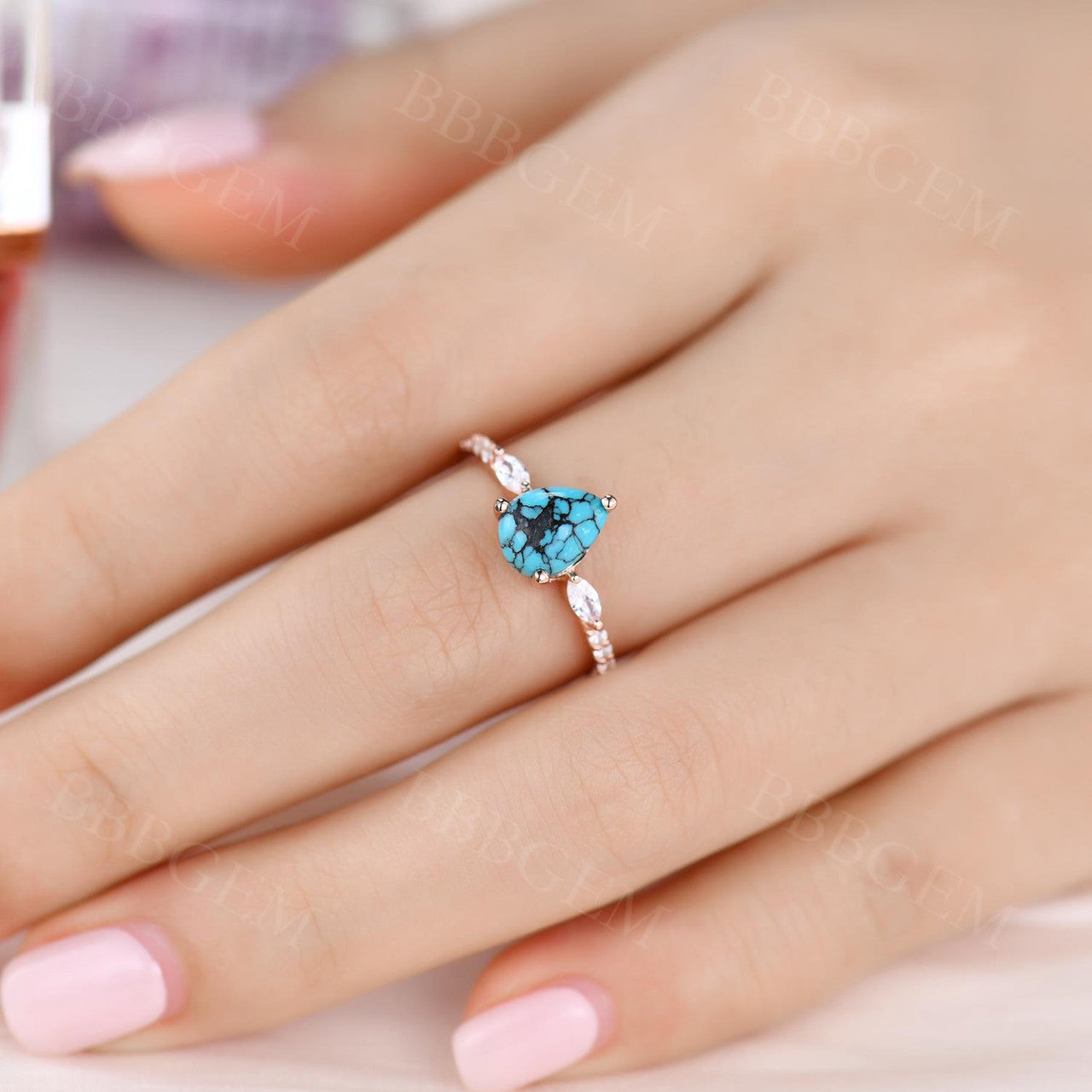 Turquoise Rose Gold Engagement Ring - Art Deco Vintage Promise Ring for Women, Gift for Her, Anniversary, Valentine's Day, Proposal, Wedding Jewelry