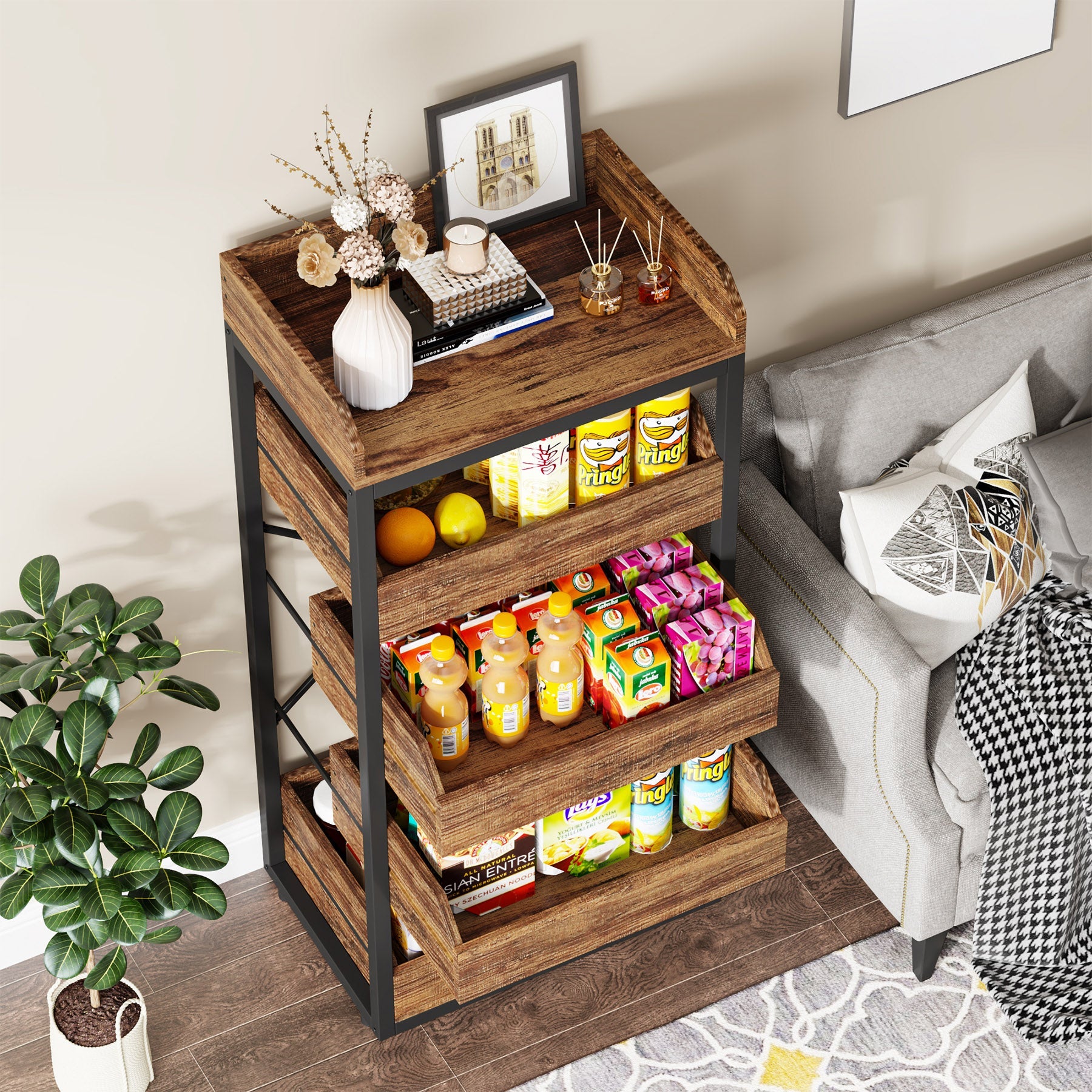 5-Tier Wooden Fruit and Vegetable Storage Basket Organizer - Kitchen Countertop & Pantry Organization for Fresh Produce, Spices, and Snacks