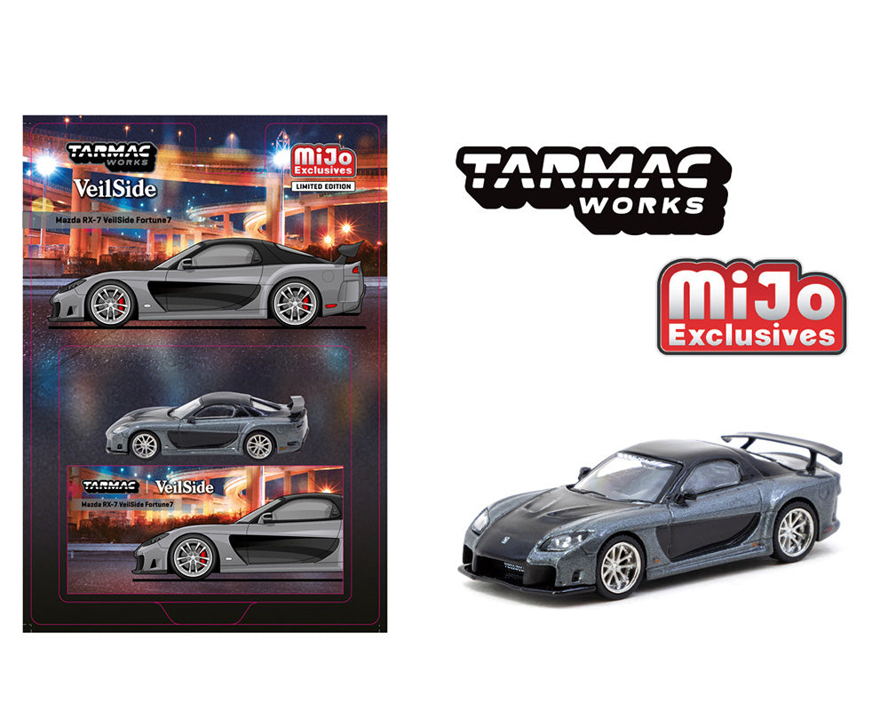 Tarmac Works 1:64 Scale Mazda RX-7 VeilSide Fortune7 Diecast Model Car - Grey Metallic & Black | Collectible Miniature for Display, Racing Enthusiasts & Diecast Collections