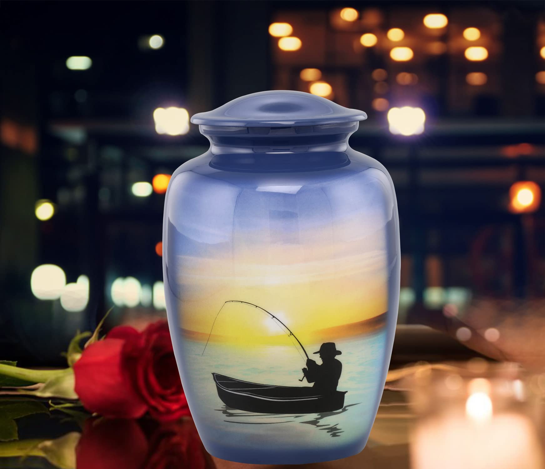 Hand-Painted Fishing Cremation Urn for Ashes - Memorial Urn for Fishermen - Large Handmade Funeral Urn with Velvet Bag - Perfect for Home Memorials, Cemetery Burials & Ash Storage - Ideal Gift for Fishing Enthusiasts