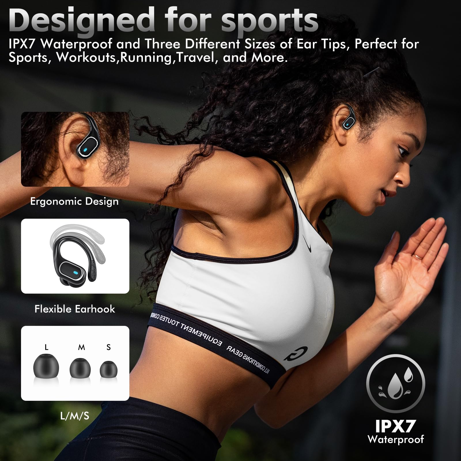 Wireless Bluetooth Earbuds with 80Hrs Playtime, IPX7 Waterproof, Wireless Charging Case & Secure Earhooks - Perfect for Sports, Running, Gym & Travel (Black)