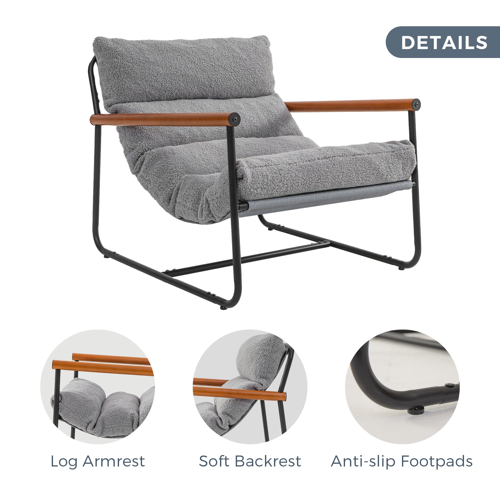 MAXYOYO Sherpa Accent Chair - Plush Boucle Armchair for Living Room, Cozy Reading Chair, Modern Bedroom Seating in Grey | Perfect for Small Spaces, Home Office & Nursery Decor