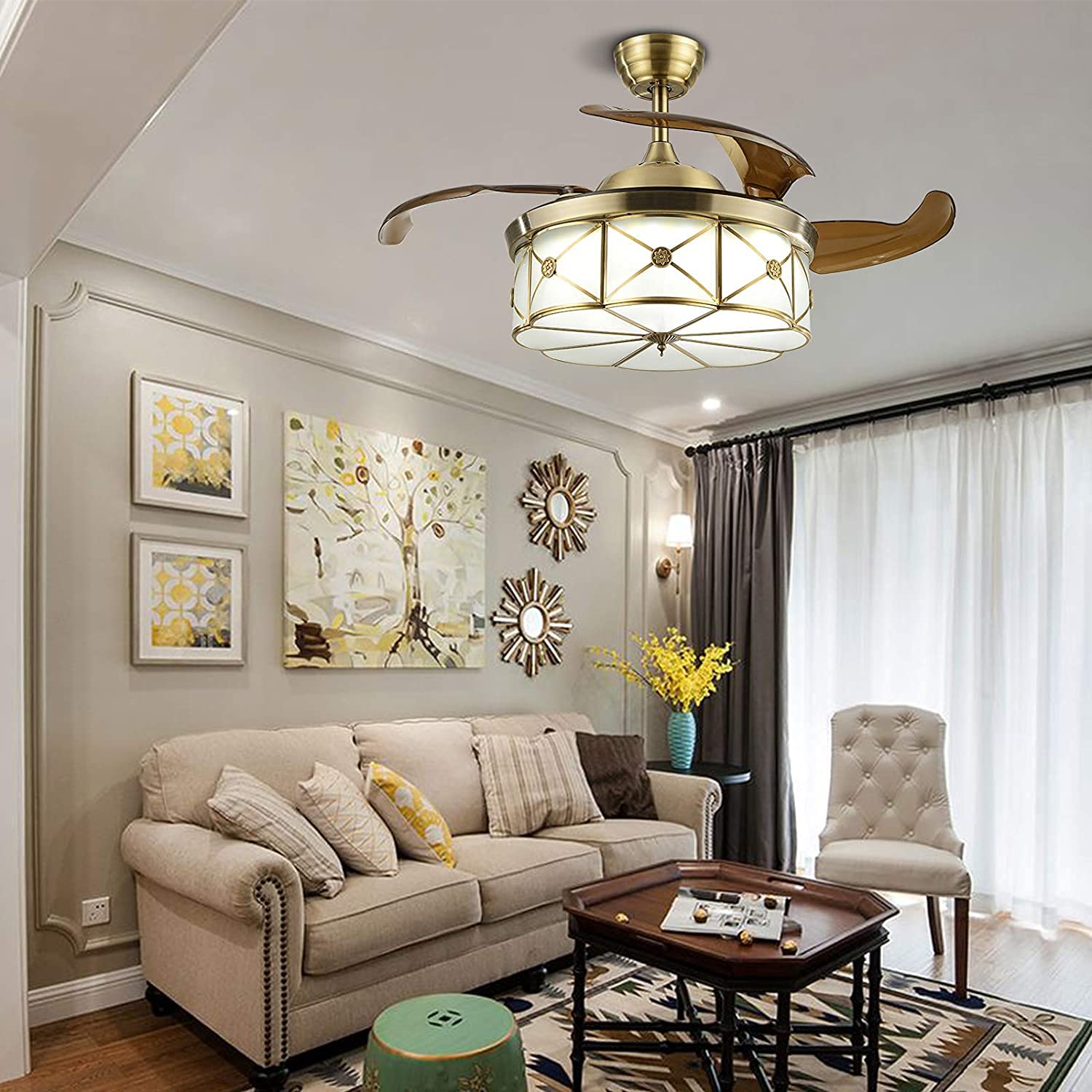 36 Inch LED Ceiling Fan with Light & Remote Control - 3 Speed Settings & 3 Color Temperatures, Retractable Blades for Bedroom, Living Room & Kitchen | Modern Floral Design for Home Cooling & Ambient Lighting