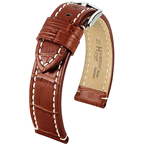 Hirsch Knight Genuine Calfskin Watch Strap - Alligator Embossed Leather with Contrast Stitching - Brown, Golden Brown, Black, Grey - Perfect for Dress Watches & Formal Occasions