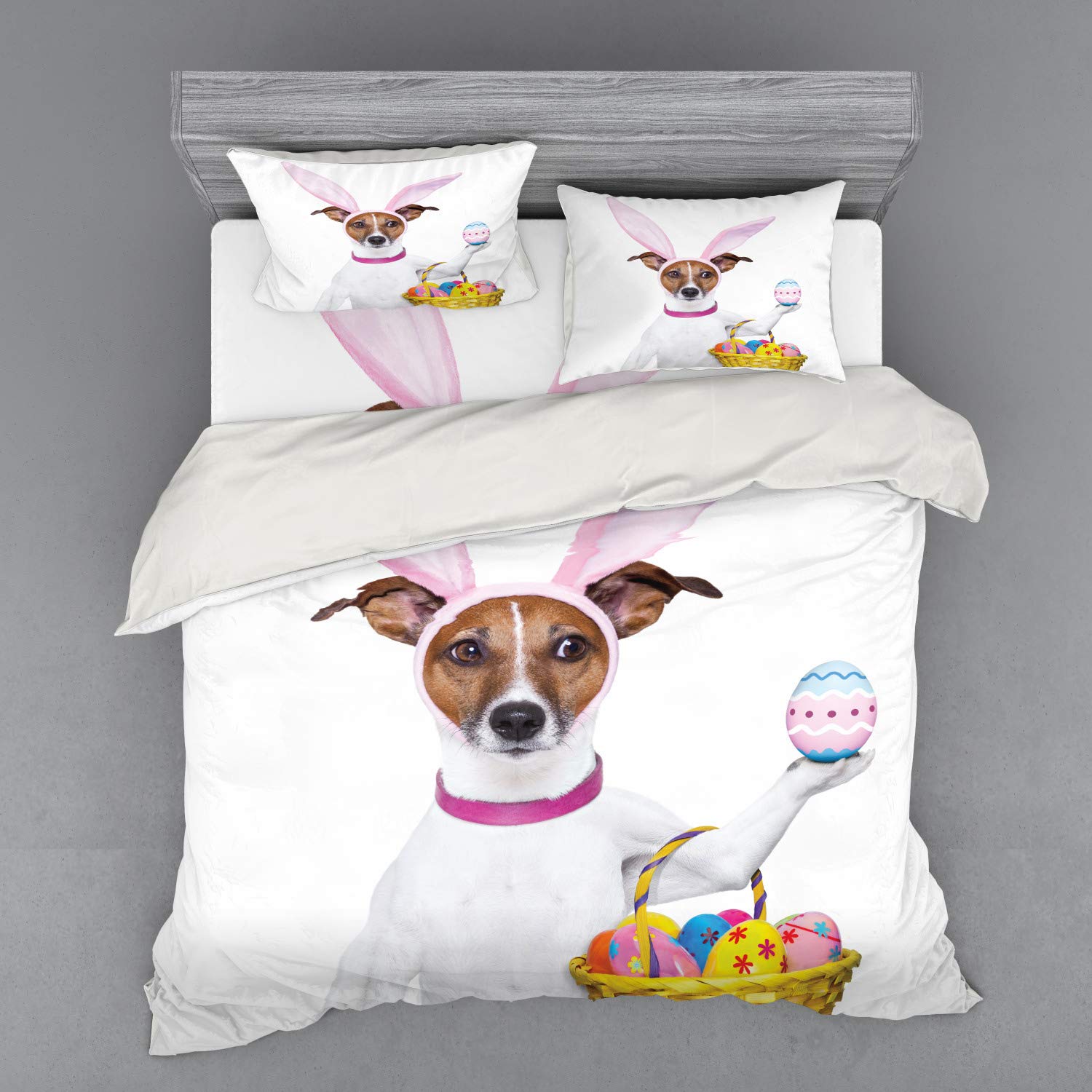 Ambesonne Funny Easter Duvet Cover Set - King Size 4-Piece Bedding with Dog Dressed as Bunny Holding Egg Basket | Colorful Animal Print Comforter Cover with Shams & Fitted Sheet | Perfect for Easter Decor, Spring Bedroom Makeover & Gift Giving