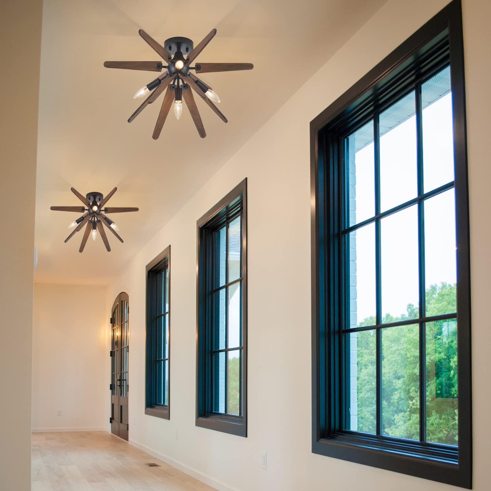 **4-Light Sputnik Semi Flush Mount Ceiling Light Fixture - Black & Wood Farmhouse Style for Hallway, Kitchen, Entryway, Laundry, Nursery, Bedroom - Perfect for Rustic & Modern Home Decor**