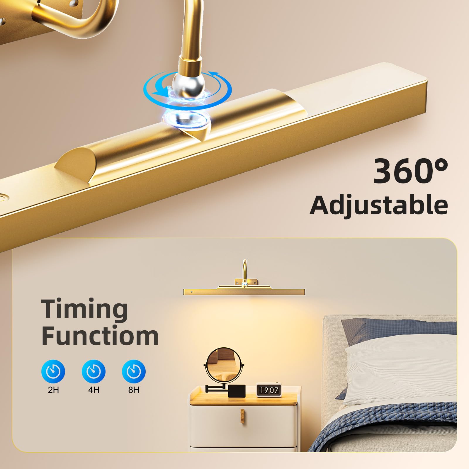Brightown 16-Inch Battery Operated Picture Light for Paintings & Wall Art - 5000mAh Wireless Remote Control with Timer & Dimmable LED - Gold Finish - Perfect for Galleries, Museums, and Home Decor