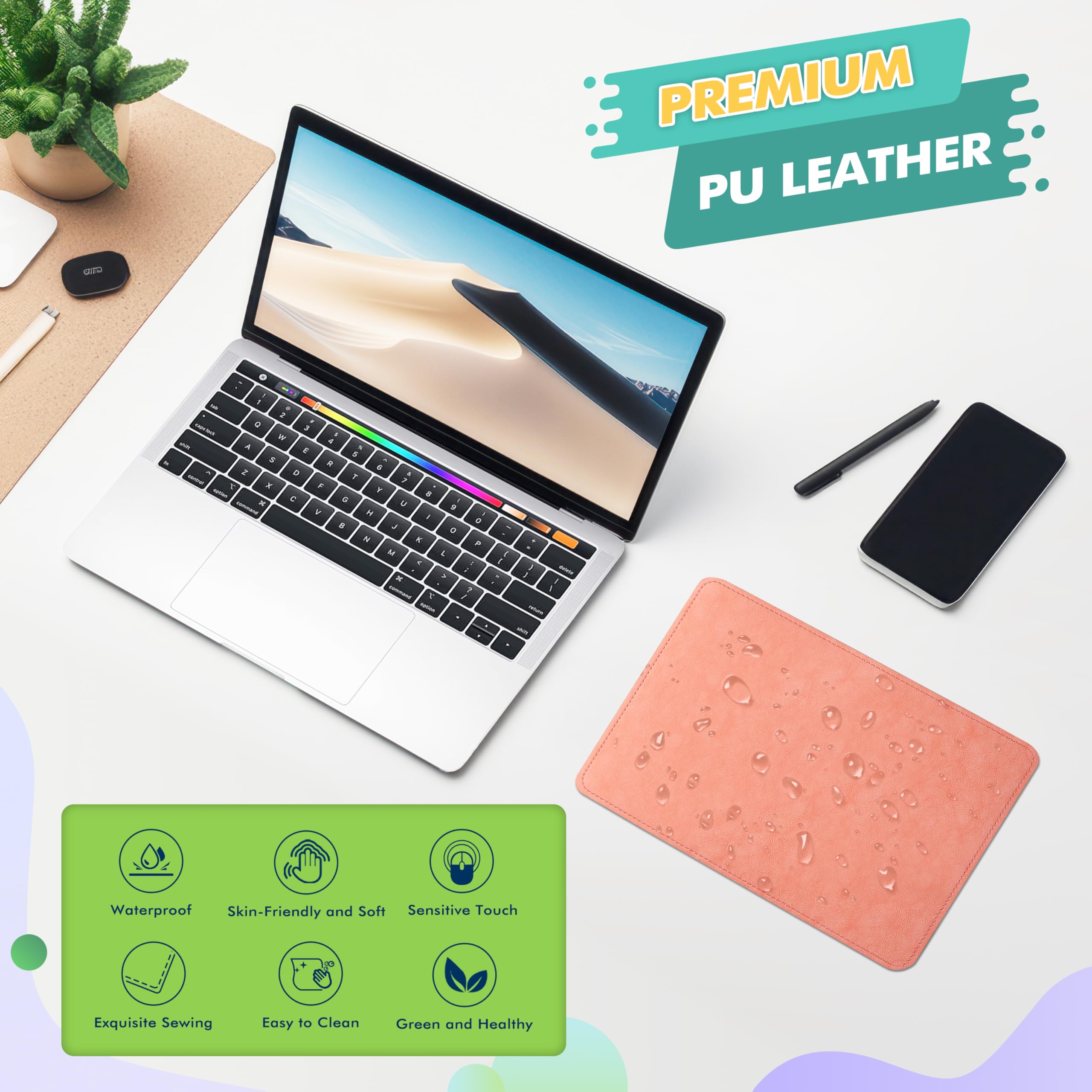 Premium PU Leather Mouse Pad with Stitched Edge - Non-Slip Microfiber Base & Waterproof Surface - 8x11 Inch Pink Computer Mouse Pad for Office, Gaming & Home Use (Laptop & PC Compatible)