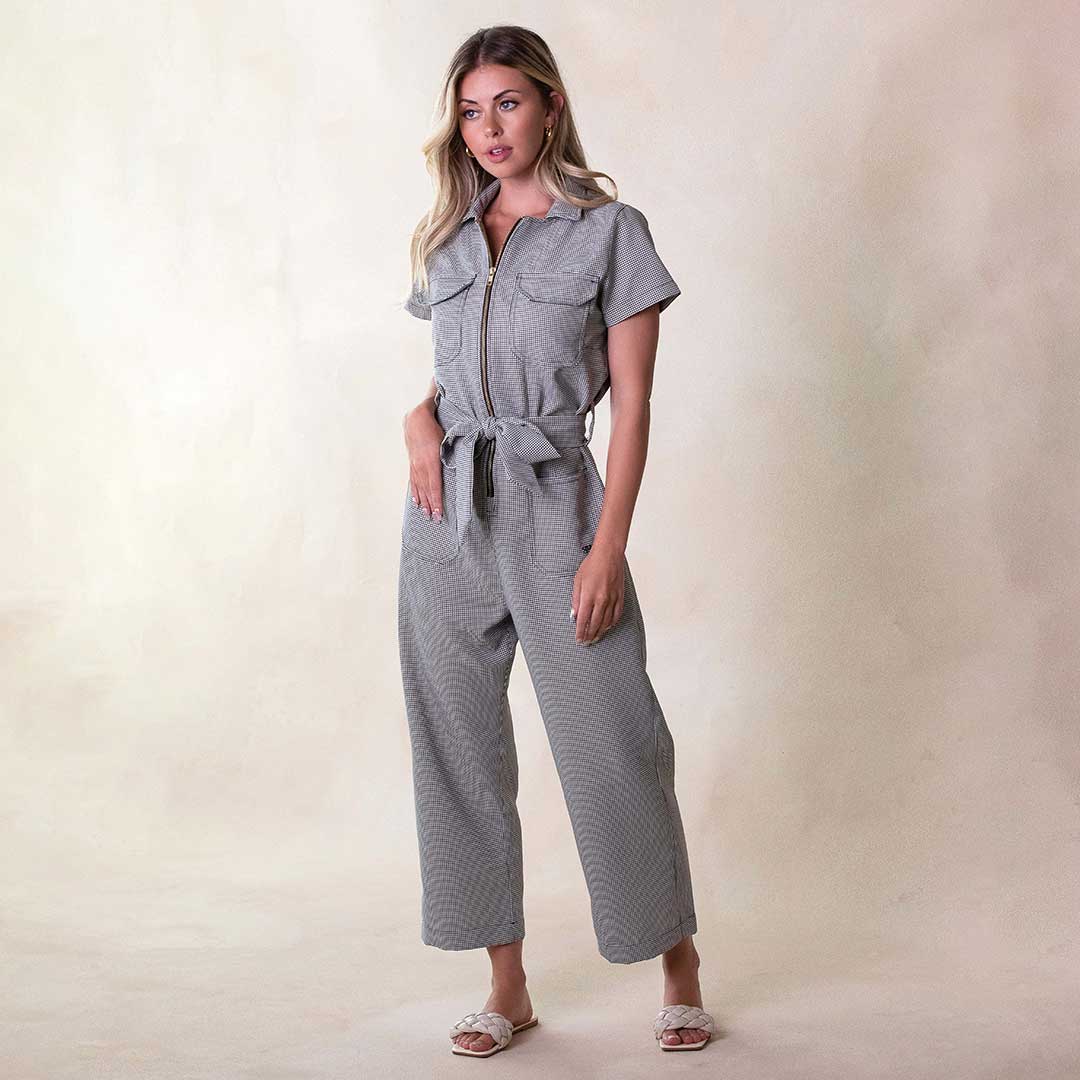 Stylish Houndstooth Print City Jumpsuit for Women - Trendy One-Piece Romper with Pockets | Perfect for Office Wear, Casual Outings & Night Events