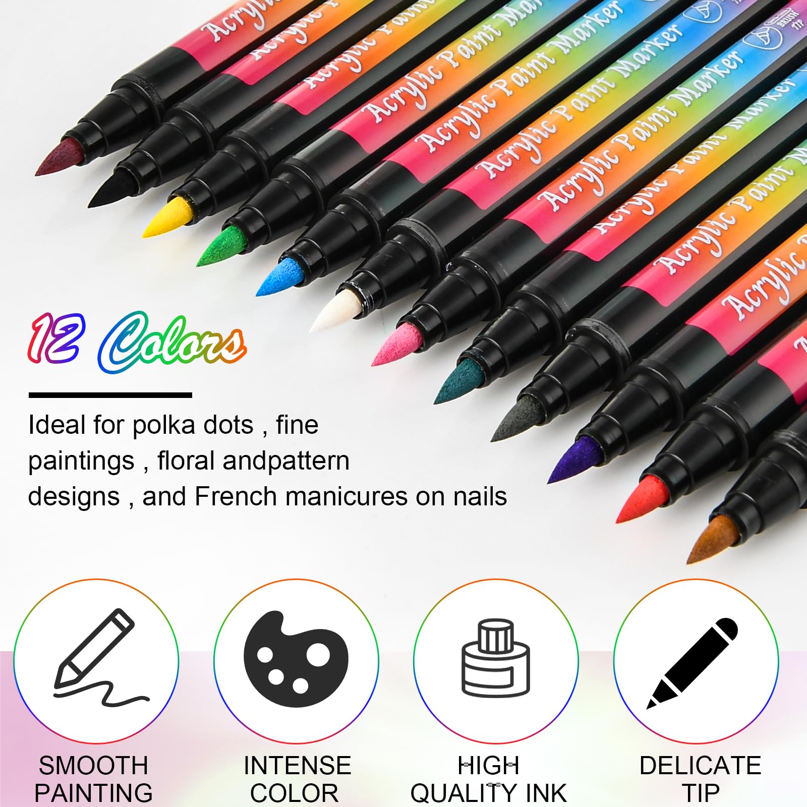 12 Colors Nail Art Pens Set - Waterproof Quick Dry Acrylic Nail Polish Pens with Soft Bristle Tips for Professional Nail Design, Dotting, Drawing & Liner Brush | Perfect for Home Manicures, Salon Nail Art & DIY Beauty Projects
