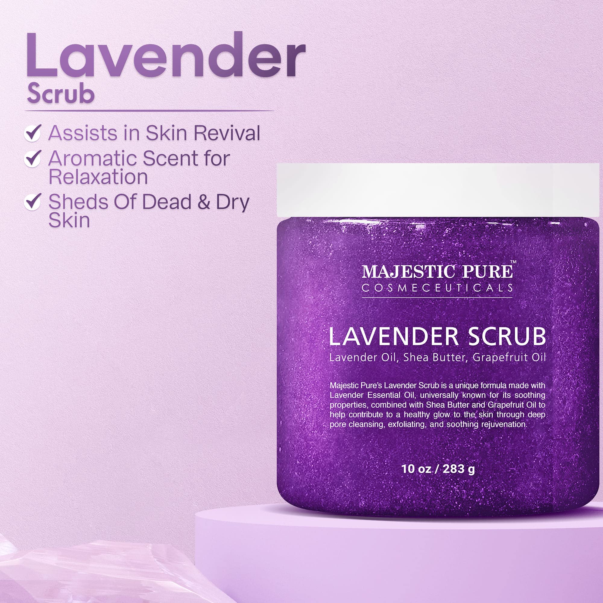 Majestic Pure Lavender Oil Body Scrub with Shea Butter & Grapefruit Oil - Exfoliating & Moisturizing Skin Care for Acne Treatment - 10 oz - Perfect for Spa Day, Dry Skin Relief & Self-Care Routine