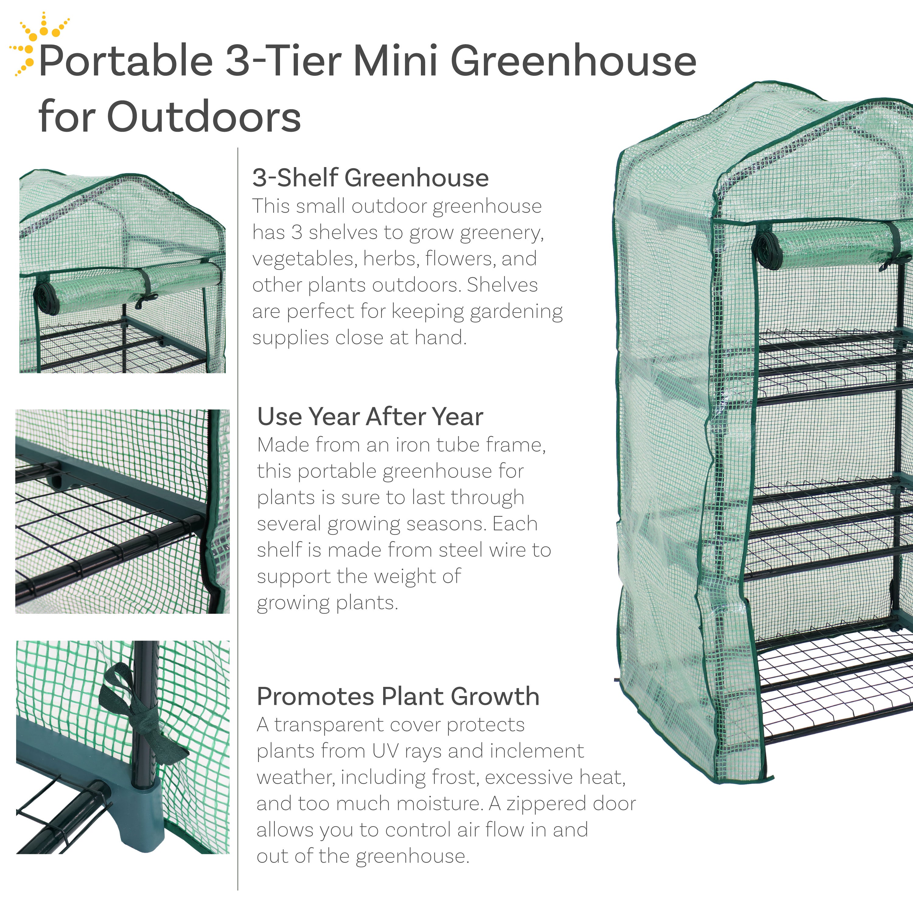 Sunnydaze 3-Tier Portable Mini Greenhouse for Plants, Herbs & Seedlings - Outdoor & Indoor Use for Gardening, Balcony & Patio