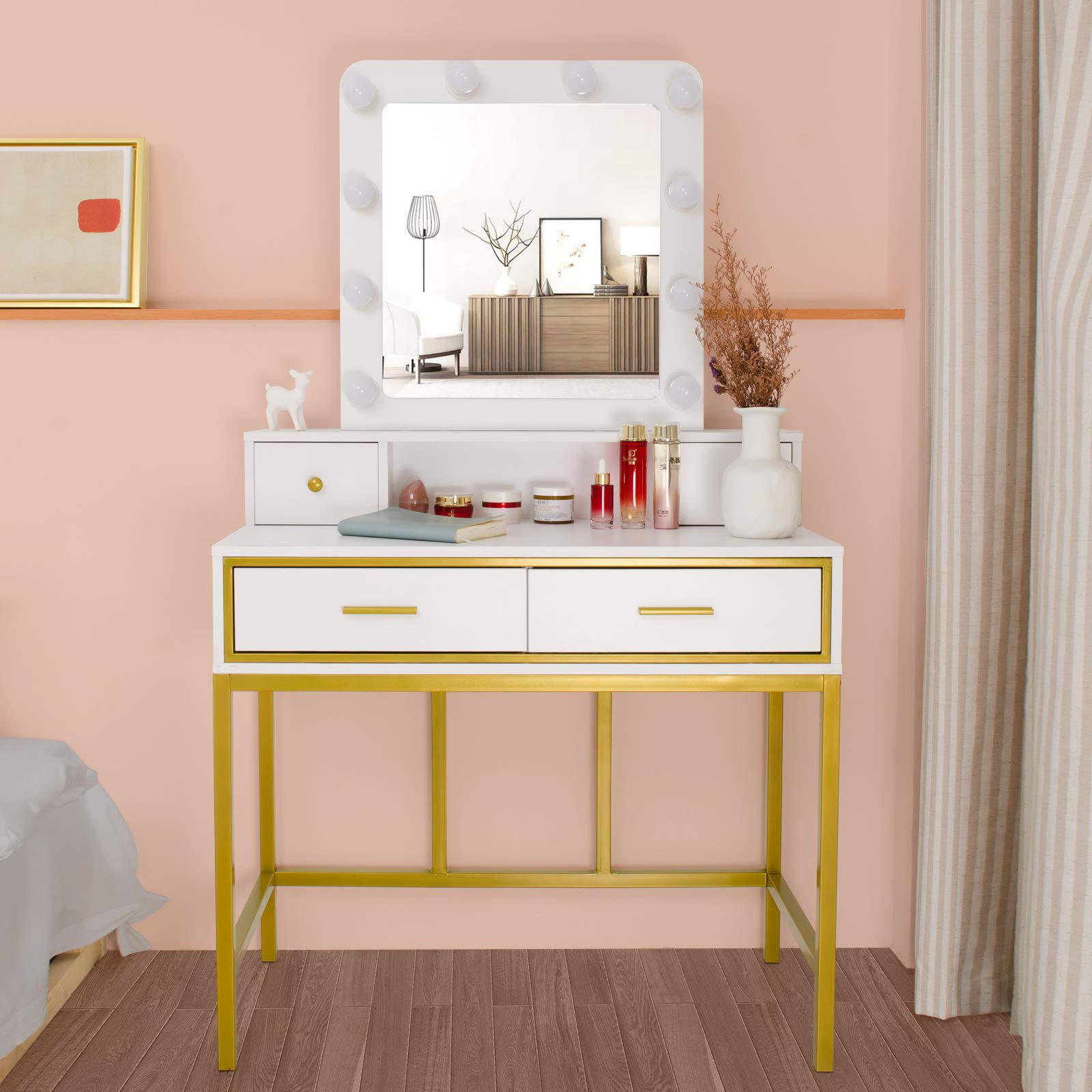 White Steel Frame Dressing Table with LED Lights & 4 Drawers - Square Mirror Vanity Desk for Bedroom Makeup & Beauty Organization (Perfect for Small Spaces & Home Decor)