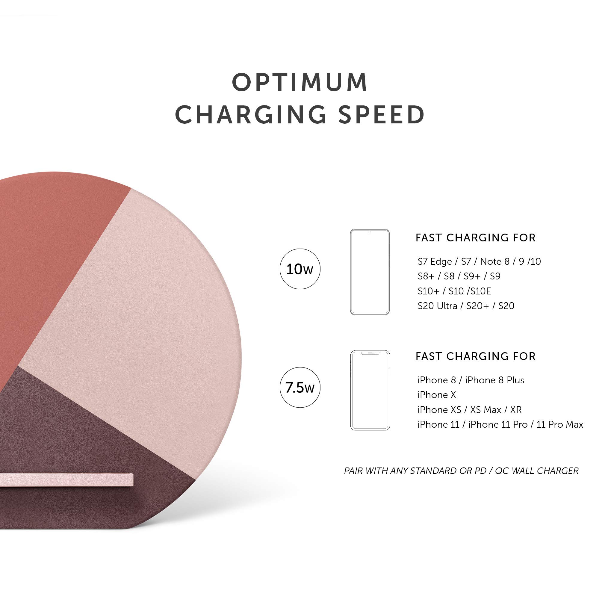 Native Union Dock Marquetry Wireless Charger – Genuine Italian Leather Qi-Certified 10W Fast Charging Stand for iPhone 11/11 Pro/11 Pro Max (Rose) | Stylish Desk Accessory for Home & Office Charging