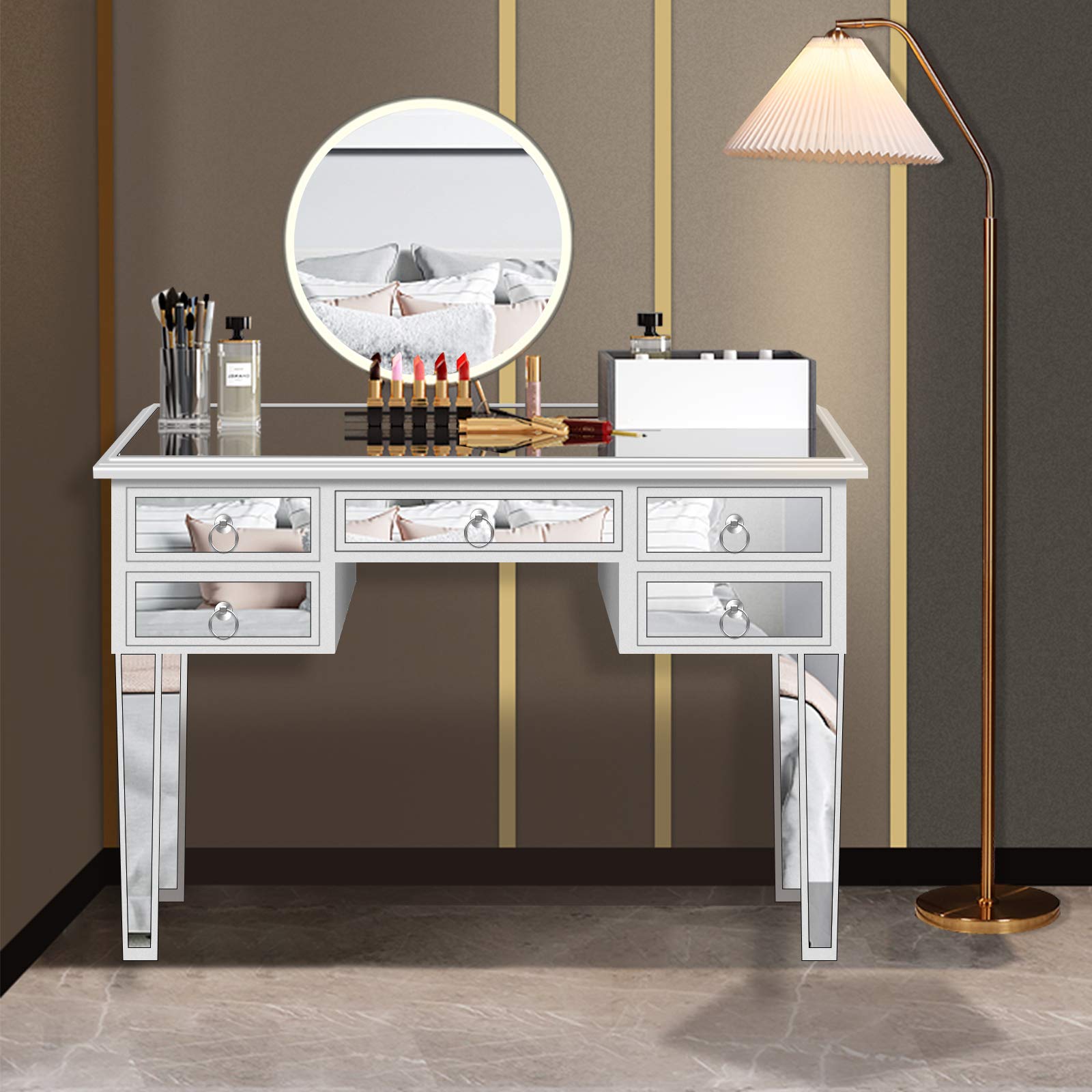 Mirrored Vanity Table with 5 Drawers - Elegant Makeup Desk & Console Table for Women, Home Office Writing Desk with Smooth Finish | Perfect for Bedroom, Dressing Room & Home Office Organization