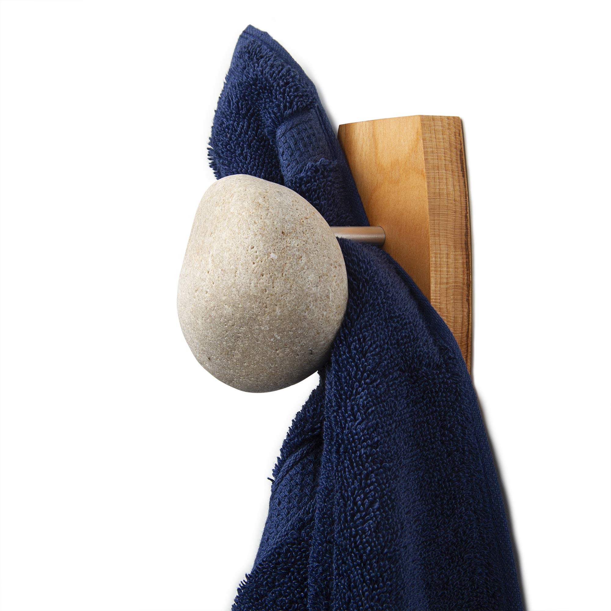 Premium Natural Stone Wall Hook with Elegant Wooden Backplate - 3 Pack Cherry Finish Coat Hooks for Coats, Towels, Robes - Indoor & Outdoor Use - Perfect for Entryway, Bathroom, Bedroom, and Patio Organization