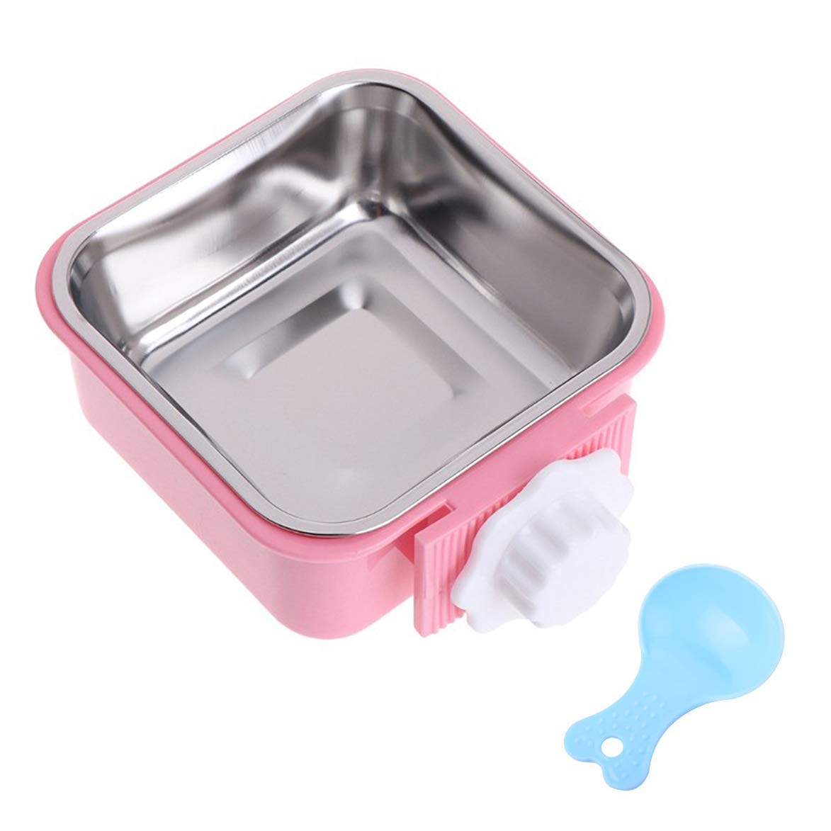 Stainless Steel Hanging Pet Bowl - Removable Dog Cat Feeder for Cage, Coop, or Travel - Small Square Pink Bowl for Dogs, Cats, Puppies, Rabbits & Birds - Perfect for Home, Kennel & Outdoor Use