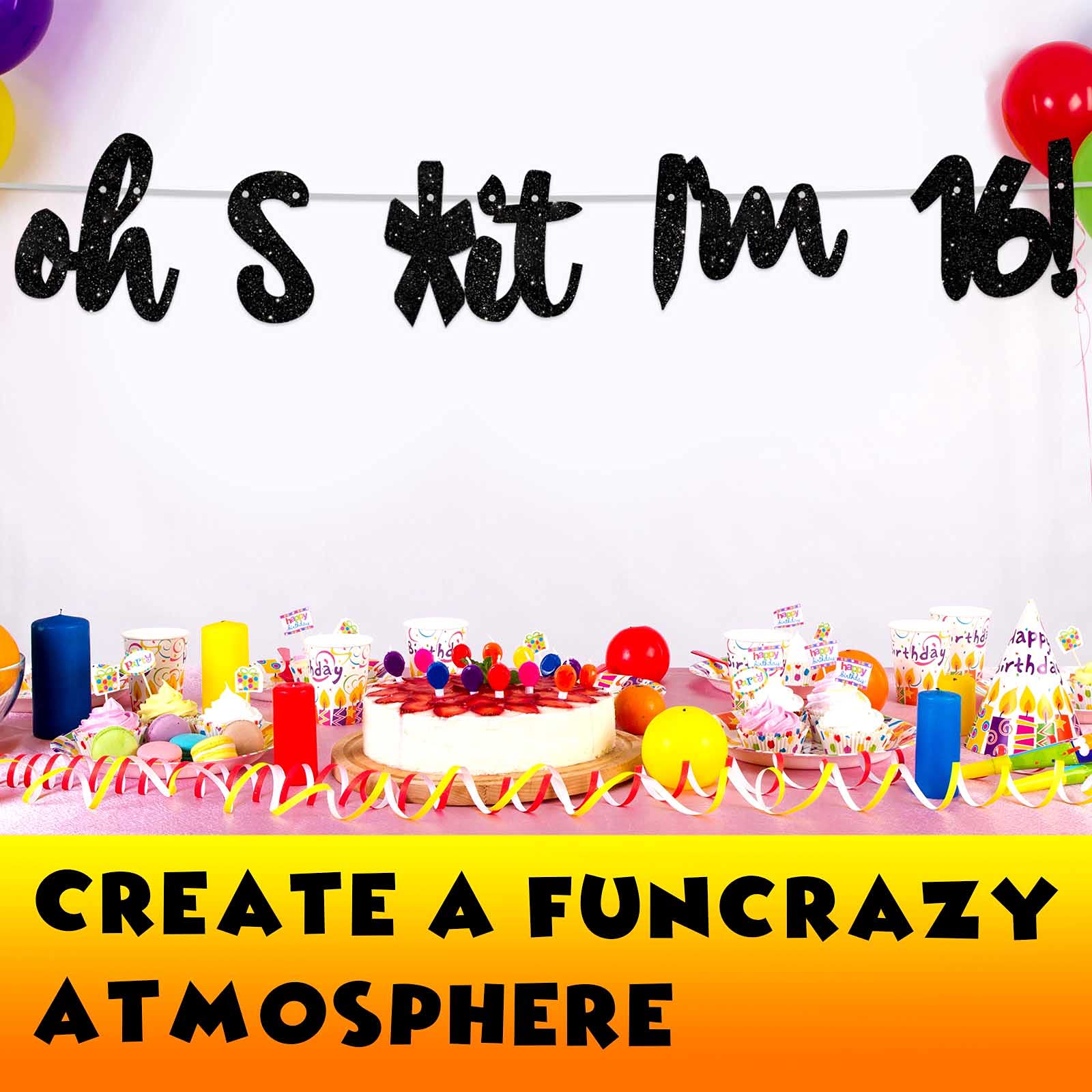 Glitter Black 'Oh I'm 16!' Banner Backdrop - Happy 16th Birthday Party Decorations for Boys & Girls, Sweet Sixteen Photo Studio Props, Flags & Party Supplies | Perfect for Birthday Celebrations, Photo Booths & Themed Decor