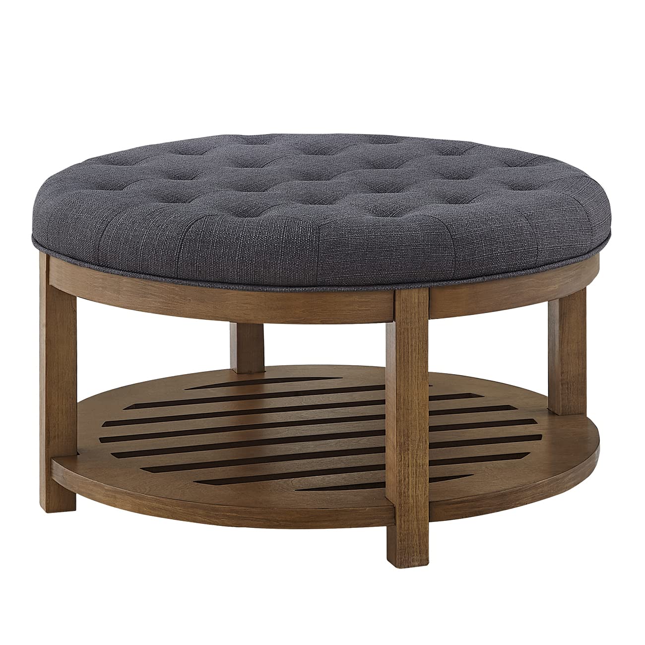 24K Gold Large Round Upholstered Tufted Linen Ottoman Coffee Table with Wood Shelf Storage - Charcoal Footrest Ottoman for Living Room, Bedroom & Home Decor