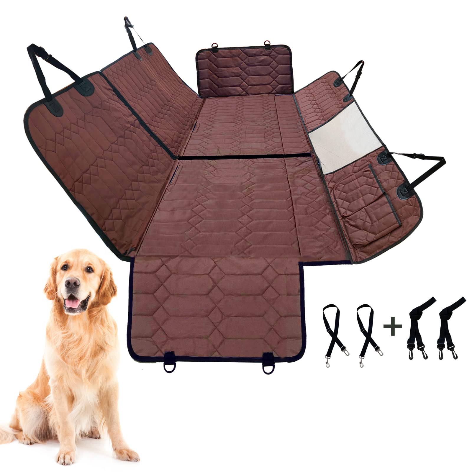 4-in-1 Waterproof Dog Car Seat Cover with Mesh Window & Storage Pockets - Non-Slip Pet Seat Protector for Back Seat, Washable Dog Hammock for Cars, Trucks & SUVs (Brown) - Perfect for Road Trips, Vet Visits & Daily Commutes