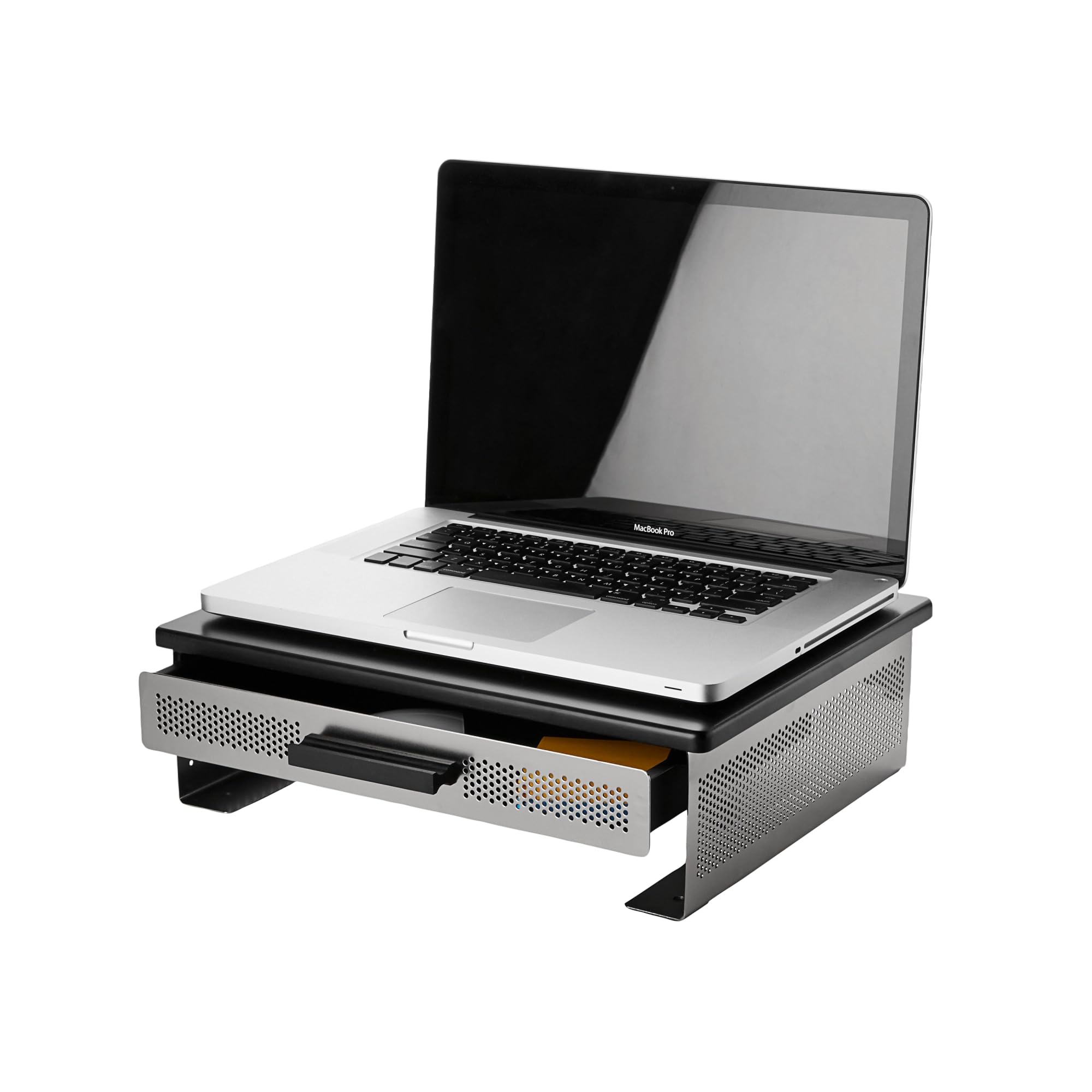Rolodex 82447 Black & Gunmetal Punched Metal and Wood Monitor Stand - Ergonomic Desk Organizer for Home & Office Workspace