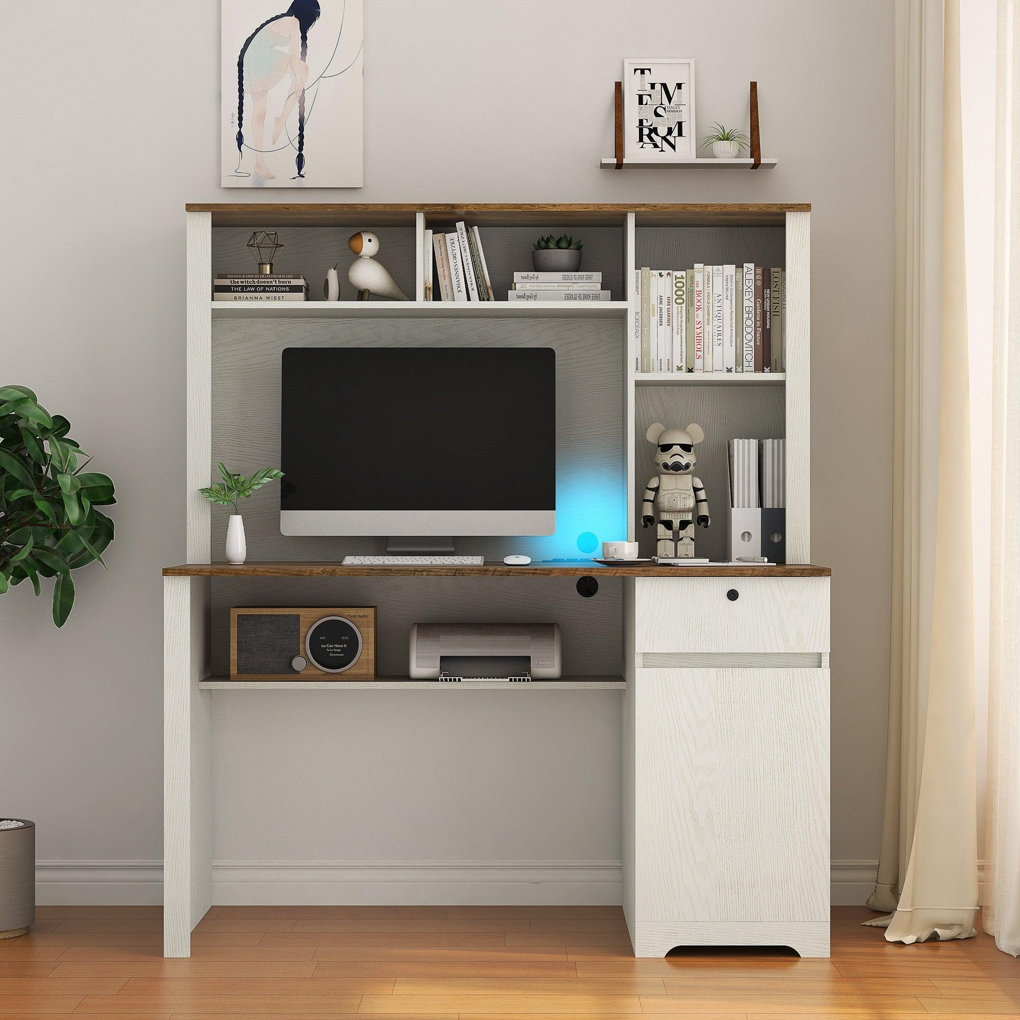 Wooden Computer Desk with Hutch & Bookshelf - Home Office Desk with Drawers, 3 AC Outlets & 2 USB Ports - Study Writing Laptop Table for Teens & Students - Perfect for Small Spaces, Dorm Rooms & Home Offices