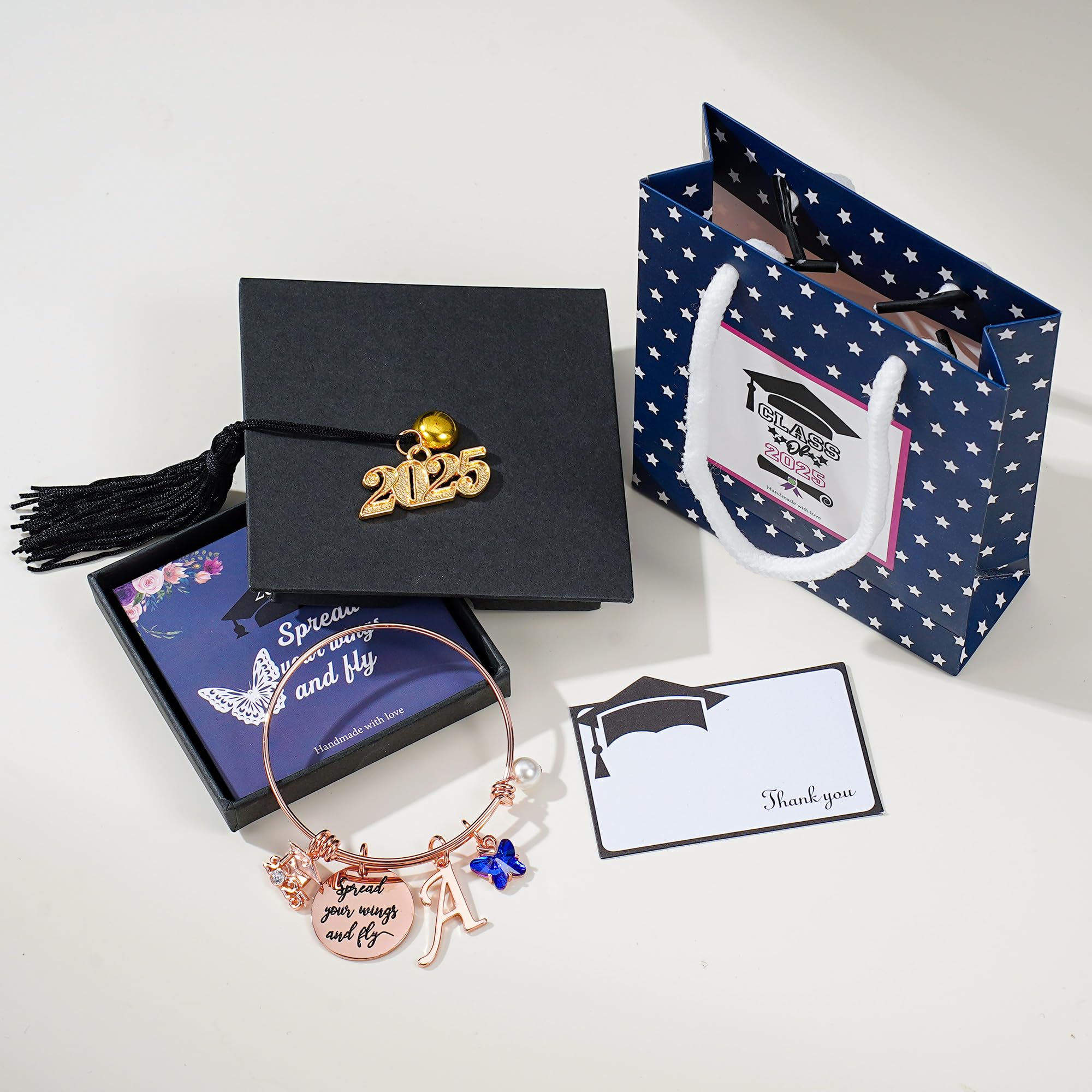 Turandoss 2025 Graduation Gifts for Women - Personalized Initial Butterfly Bracelet with Inspirational 'Spread Your Wings & Fly' Quote & Grad Cap Charm | Motivational Jewelry Gift for Graduates, Daughters, Sisters | Perfect for Commencement Ceremonies & Achievement Celebrations