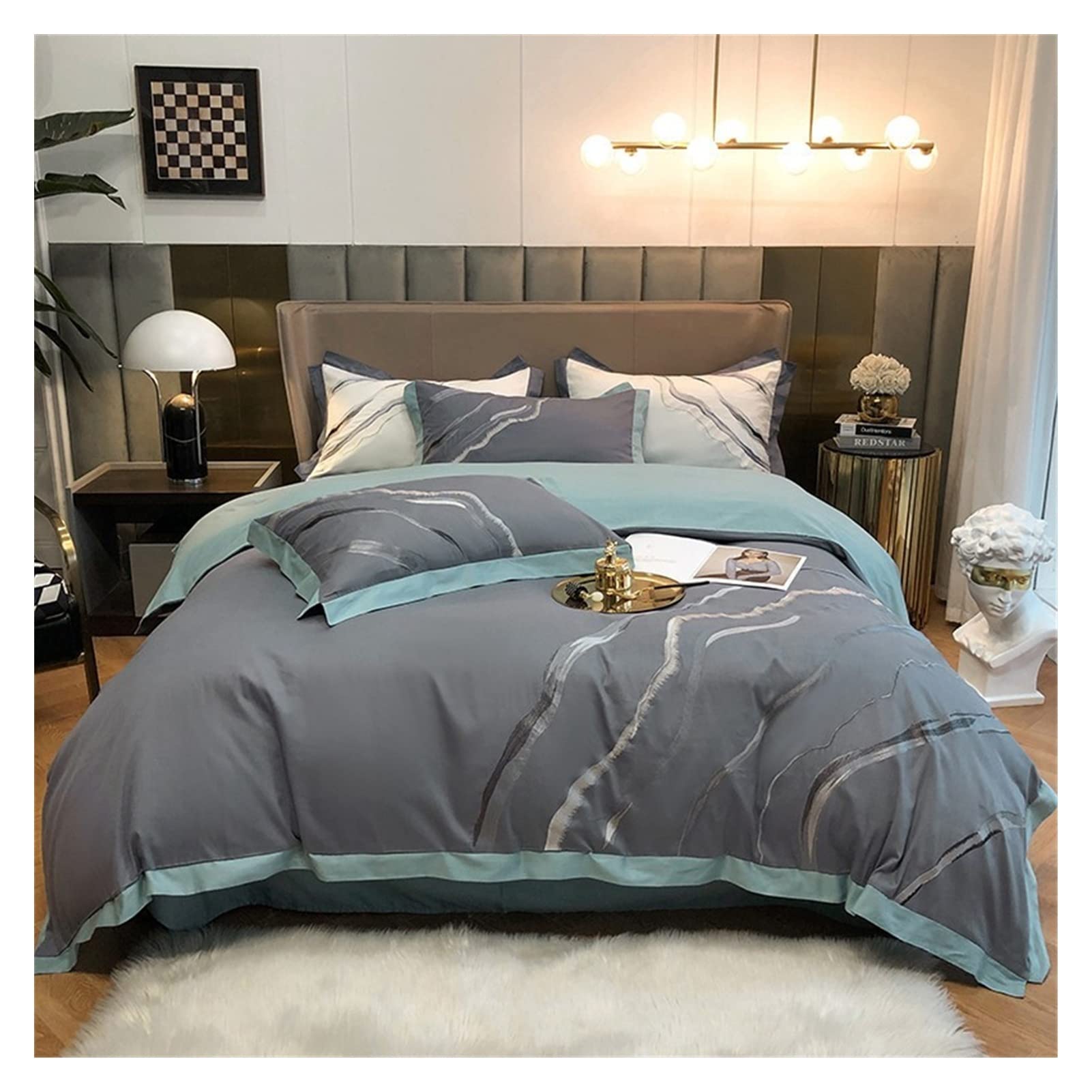 Modern Abstract Marble Embroidery Gray Cotton Duvet Cover Set - Queen/King Size Bedding Set with Flat Sheet | Soft & Comfortable for Teens, Boys & Girls | Perfect for Contemporary Bedrooms, Guest Rooms & Dorm Decor