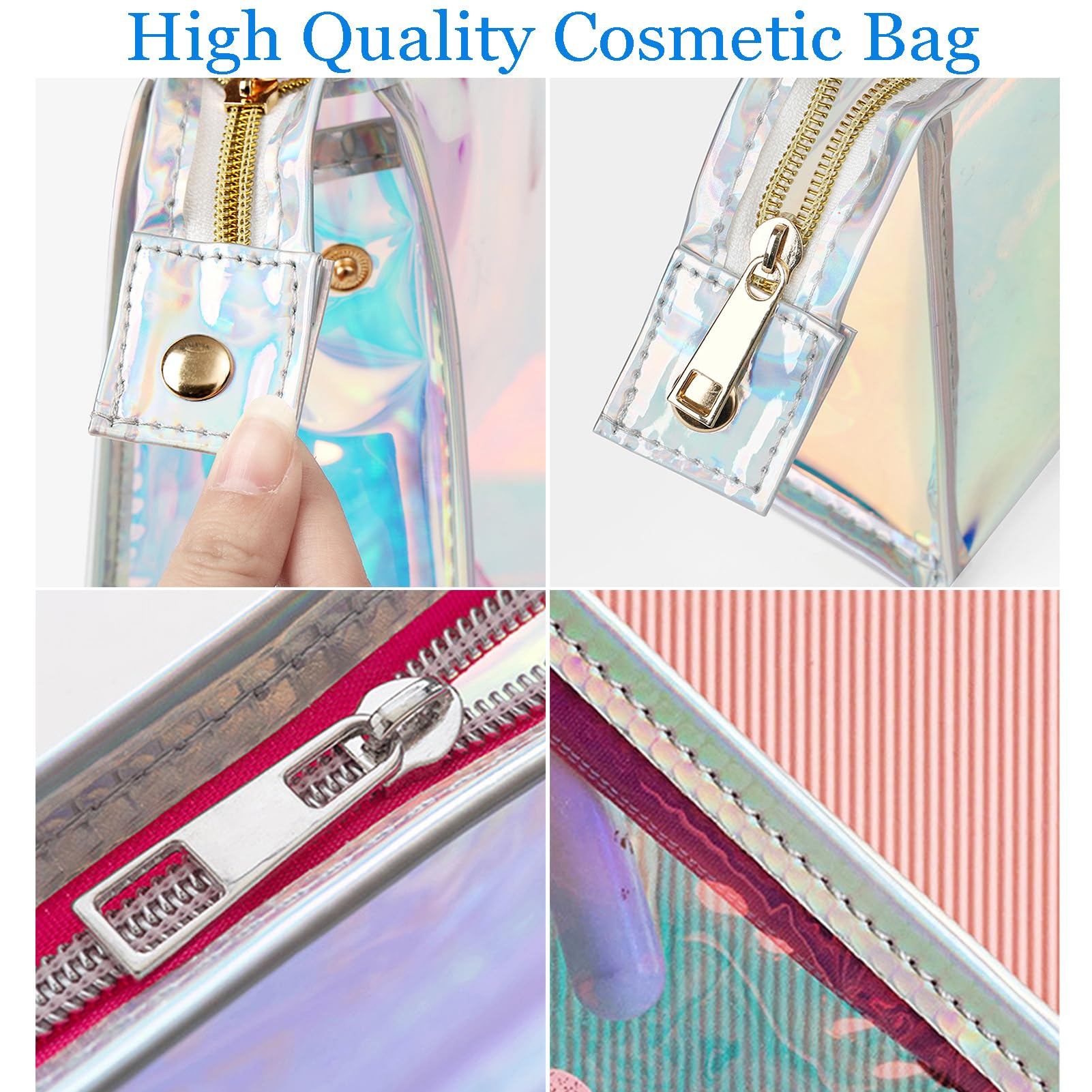 AJOJO 3-Piece Holographic Makeup Bags Set - Waterproof Iridescent Cosmetic Organizer with Zipper, Clear Travel Toiletry Bag for Brushes & Accessories - Perfect for Women's Gifts, Travel, Gym & Daily Makeup Storage