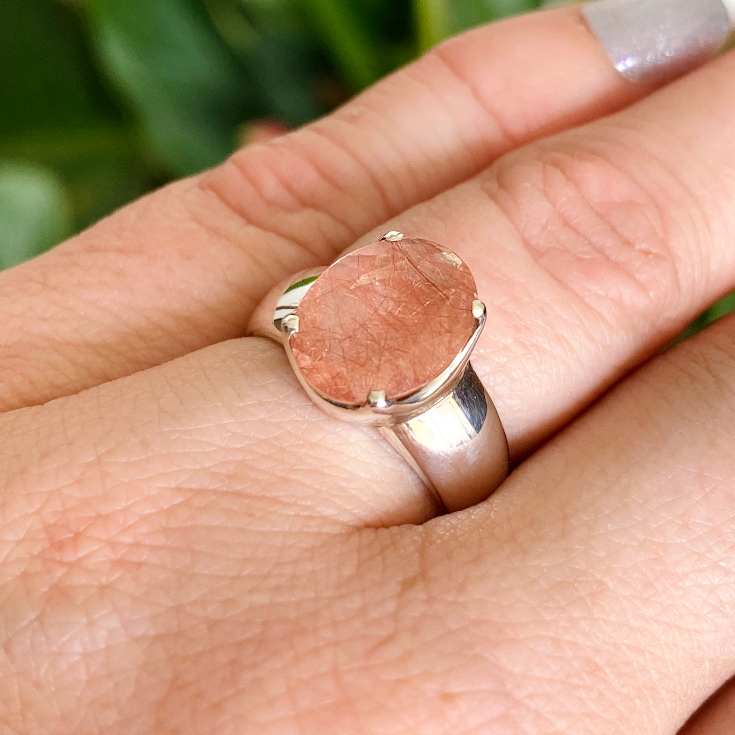 Natural Rutilated Quartz (Red) Oval Faceted Ring Size 6.5 - Handmade Sterling Silver Jewelry for Women, Gift for Her, Wedding, Anniversary & Special Occasions