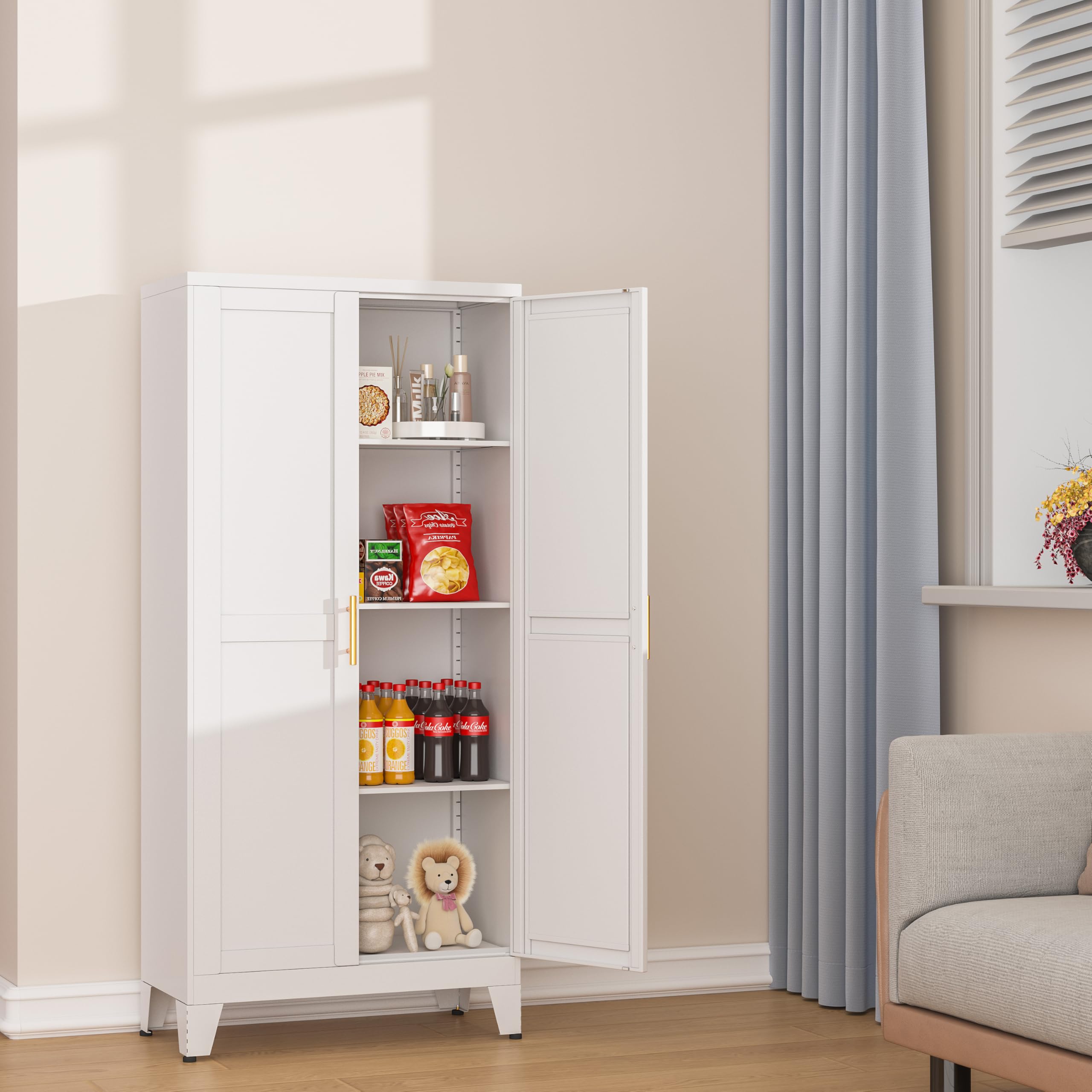 White Metal Pantry Cabinet with 2 Doors & Adjustable Shelves - Kitchen Storage Cabinet with Gold Handles for Laundry, Living Room, Bathroom & Dining Room - Perfect for Organizing Spices, Linens & Household Items