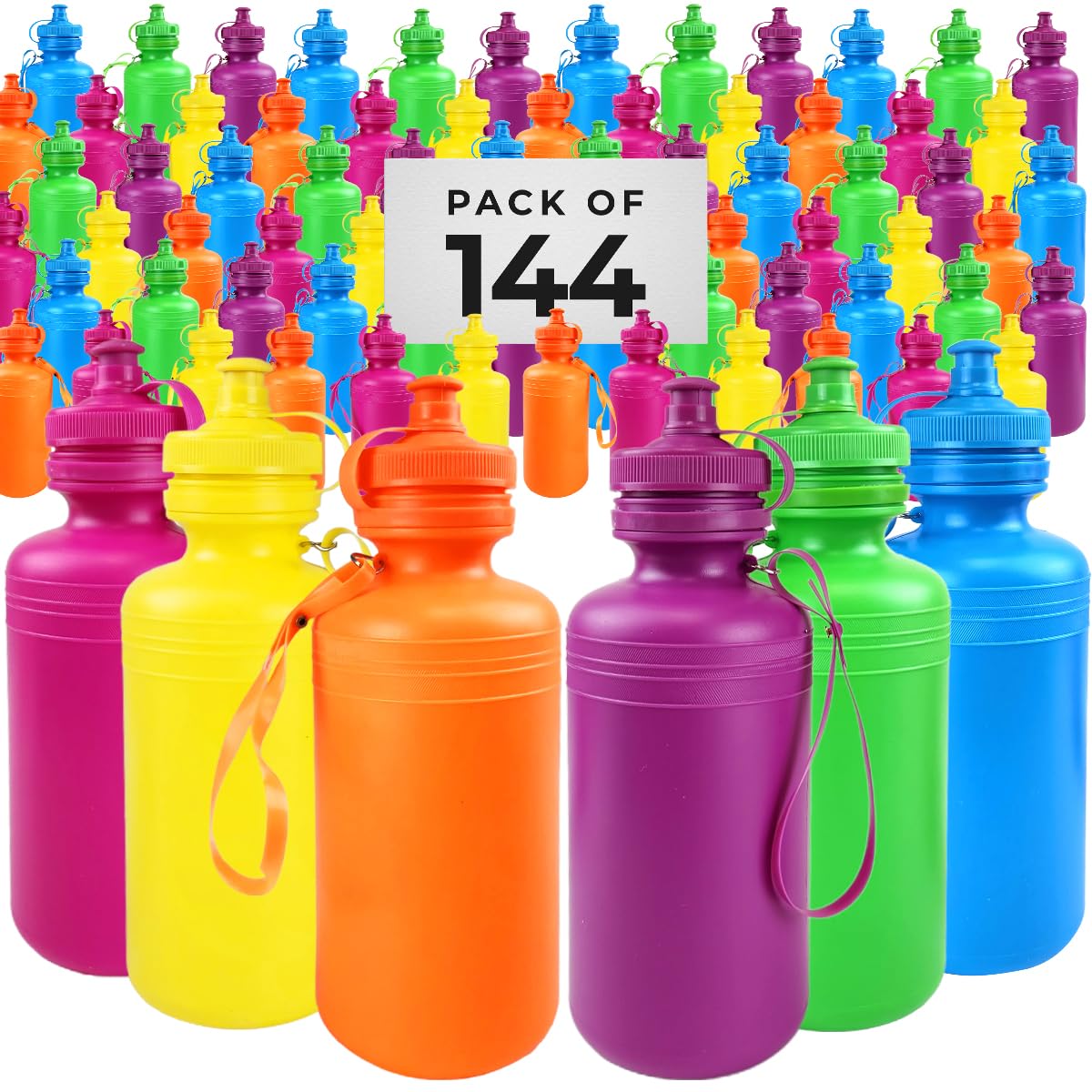 144 Neon Water Sports Bottles for Bikes & Outdoor Activities | Bulk Pack of 7.5-inch Hydration Bottles with Wrist Strap | Summer Beach, Pool, Hiking & Sports Accessory | Holds 18oz Drinks for Kids & Adults (144 Pack)