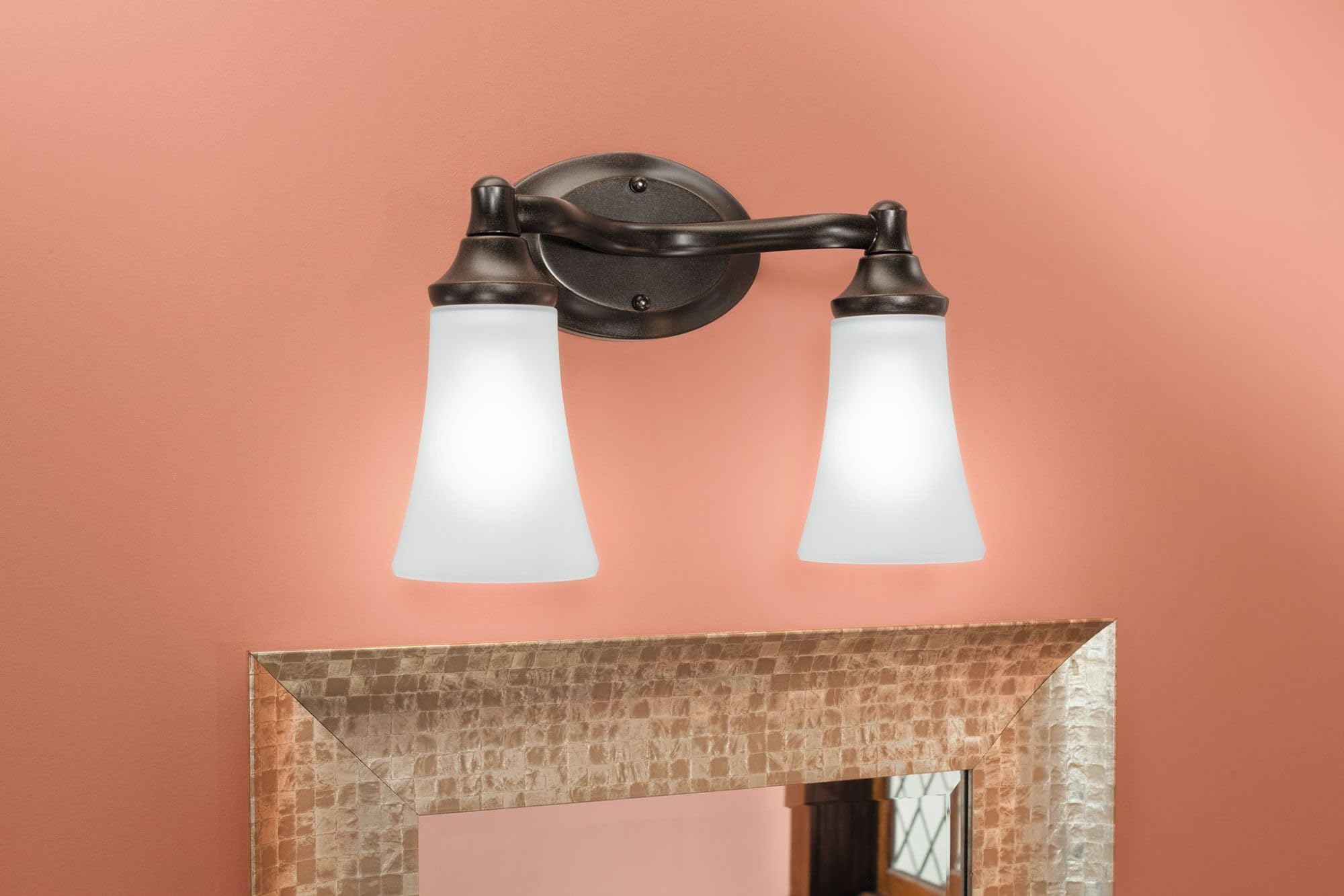 Moen YB2862ORB Eva 2-Light Oil Rubbed Bronze Bathroom Vanity Light Fixture with Frosted Glass - Perfect for Modern Bathrooms & Powder Rooms Lighting