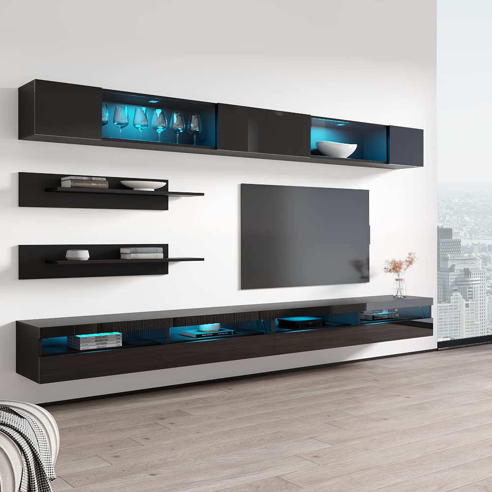 Modern Floating TV Stand with Storage & LED Lights - Wall-Mounted Entertainment Center for Bedroom & Living Room - Space-Saving TV Console with Shelves - Black - Perfect for Small Spaces & Home Theater Setup