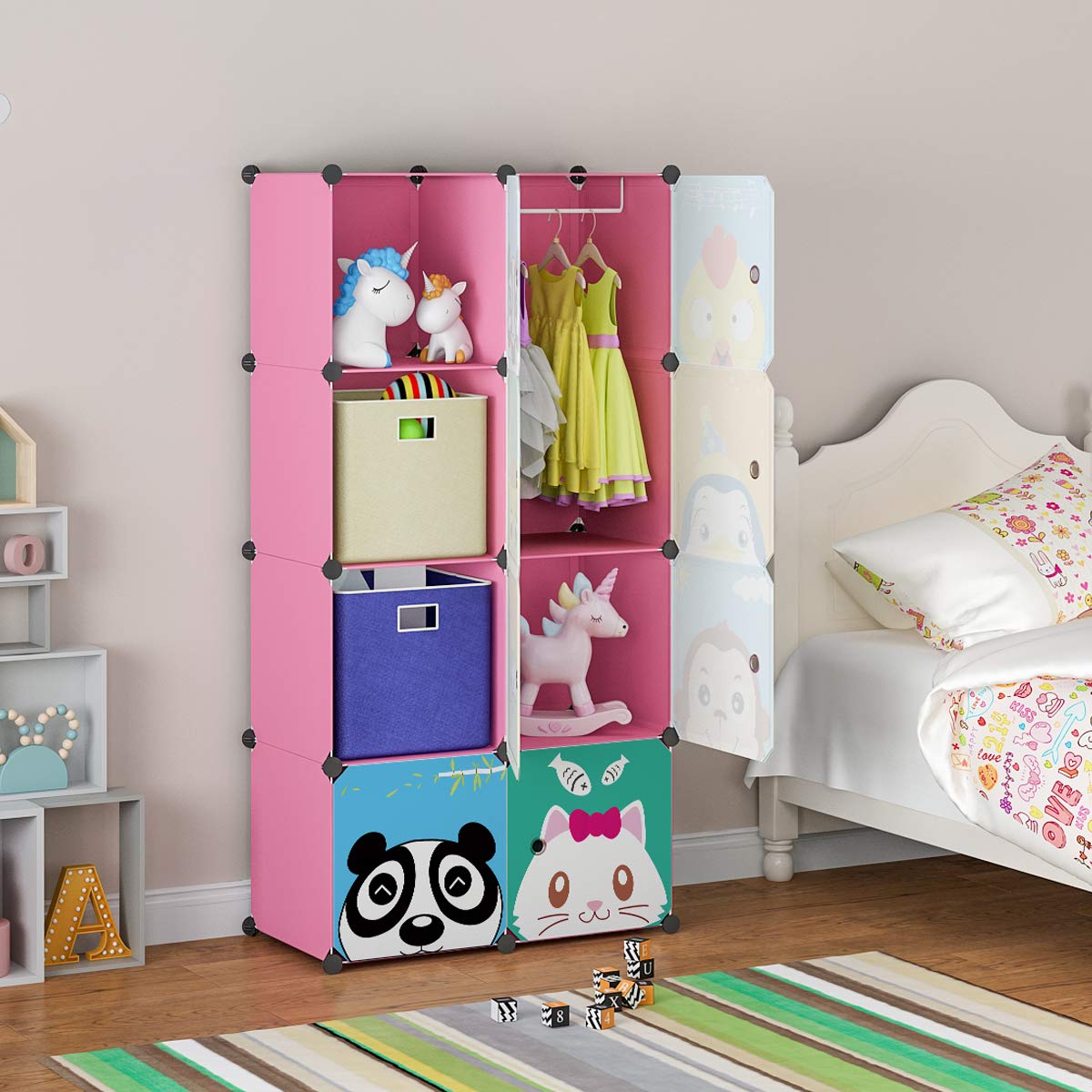 MAGINELS Kids Wardrobe Closet with Door - 8 Cube Storage Organizer for Baby Girl & Children (14x14 Inch, Pink) | Portable Dresser for Bedroom, Nursery & Playroom Clothes Organization