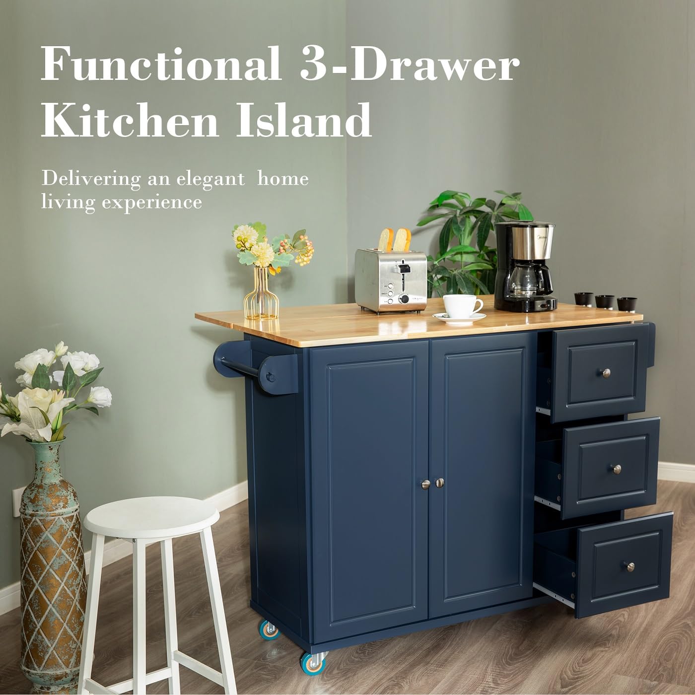 MFSTUDIO Large Rolling Kitchen Island on Wheels with Drop Leaf, 3 Drawers & Wood Countertop - Mobile Kitchen Cart with Storage for Small Spaces, Navy Blue - Perfect for Kitchen, Dining Room & Apartment Cooking
