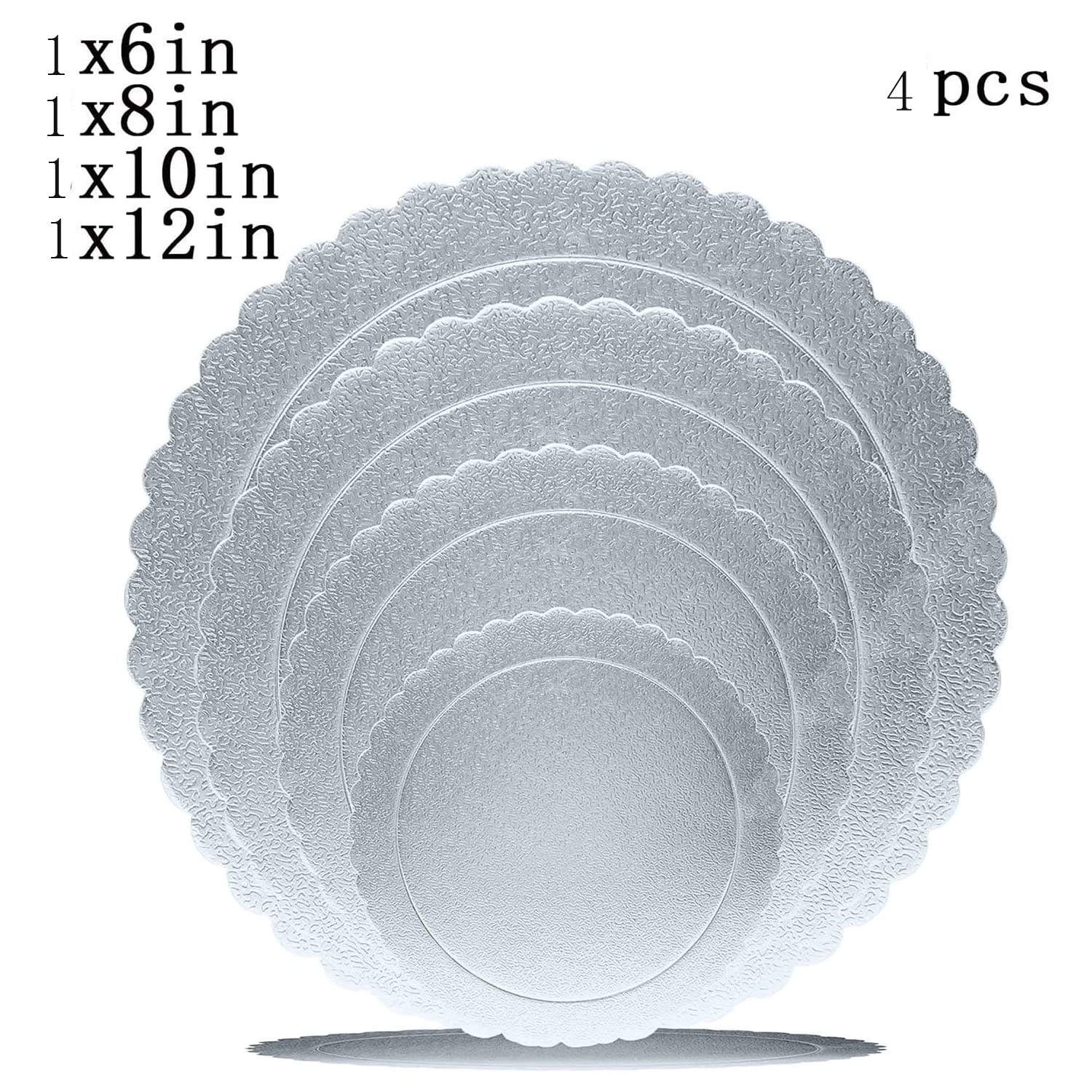 Goiio 4-Pack Scalloped Cake Boards - 6, 8, 10 & 12 Inch Round Cardboard Cake Circles for Baking, Decorating & Serving (Silver) - Perfect for Birthday Cakes, Wedding Desserts & Professional Pastry Displays