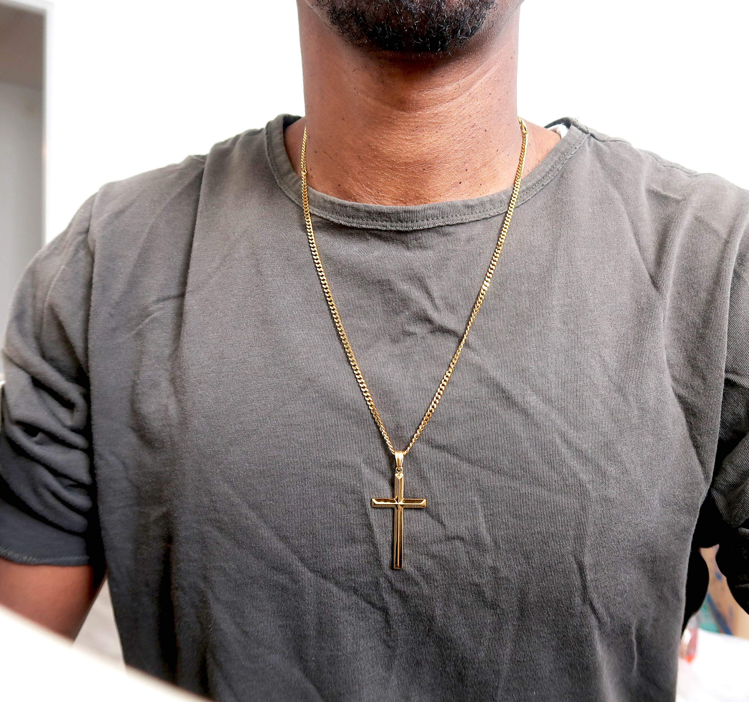 24K Gold Plated Cross Pendant Necklace for Men - 3MM Thin Miami Cuban Link Chain with Diamond Cut & Beveled Edge - Religious Jewelry Gift for Baptism, Confirmation & Everyday Wear