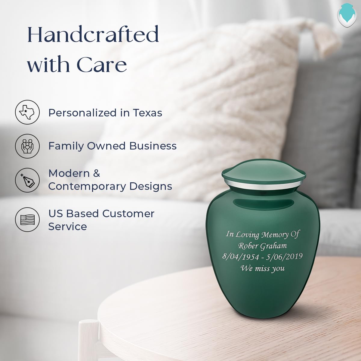 Personalized Cremation Urns for Human Ashes - Small Green Funeral Urn for Women & Men - Holds 44 lbs - Perfect for Memorial Services, Home Display & Eco-Friendly Burials