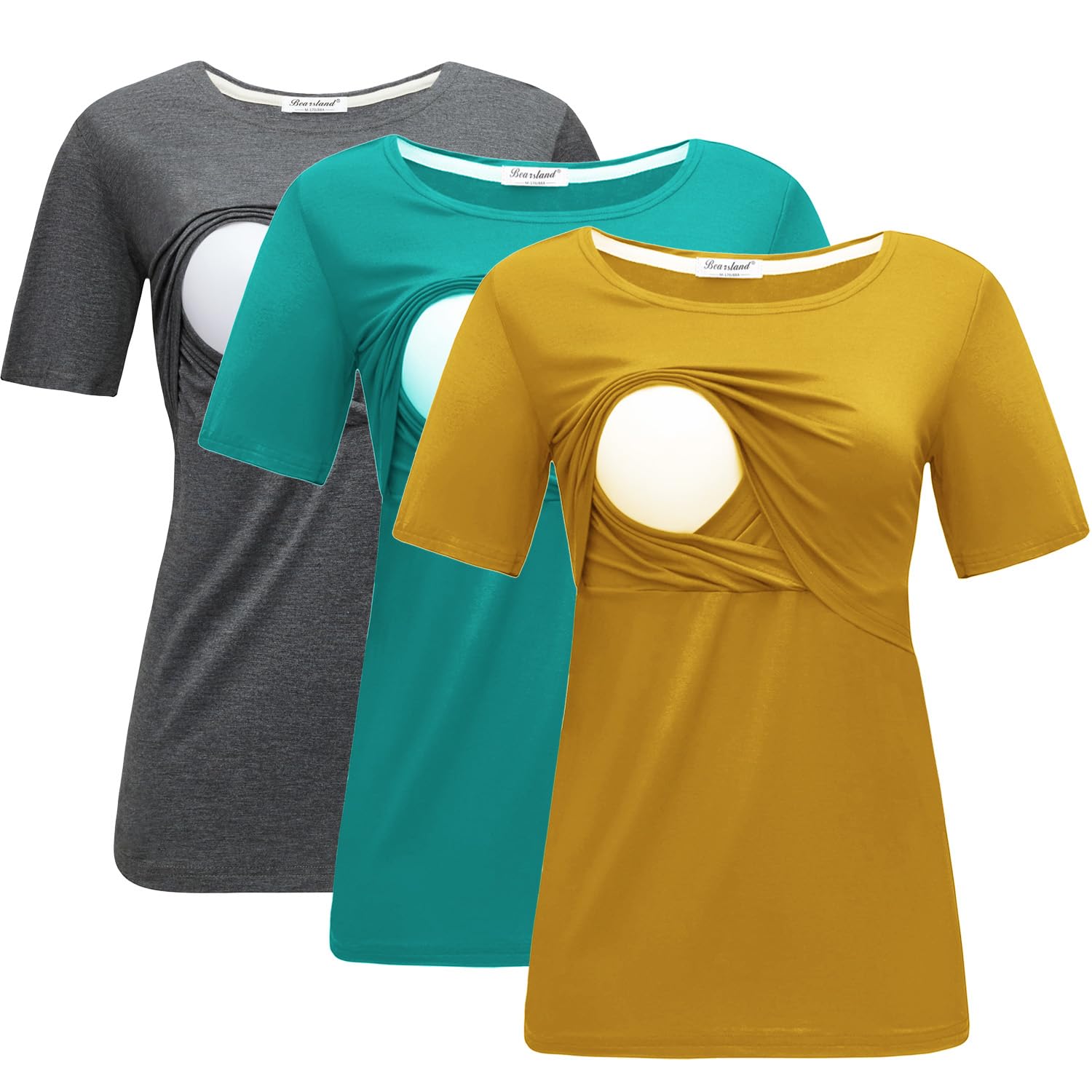 Bearsland Women's 3-Pack Maternity Nursing Tops - Soft Short Sleeve Breastfeeding Shirts for Comfortable Nursing & Pumping - Perfect for Daily Wear, Hospital Visits & Mother-Baby Bonding Time