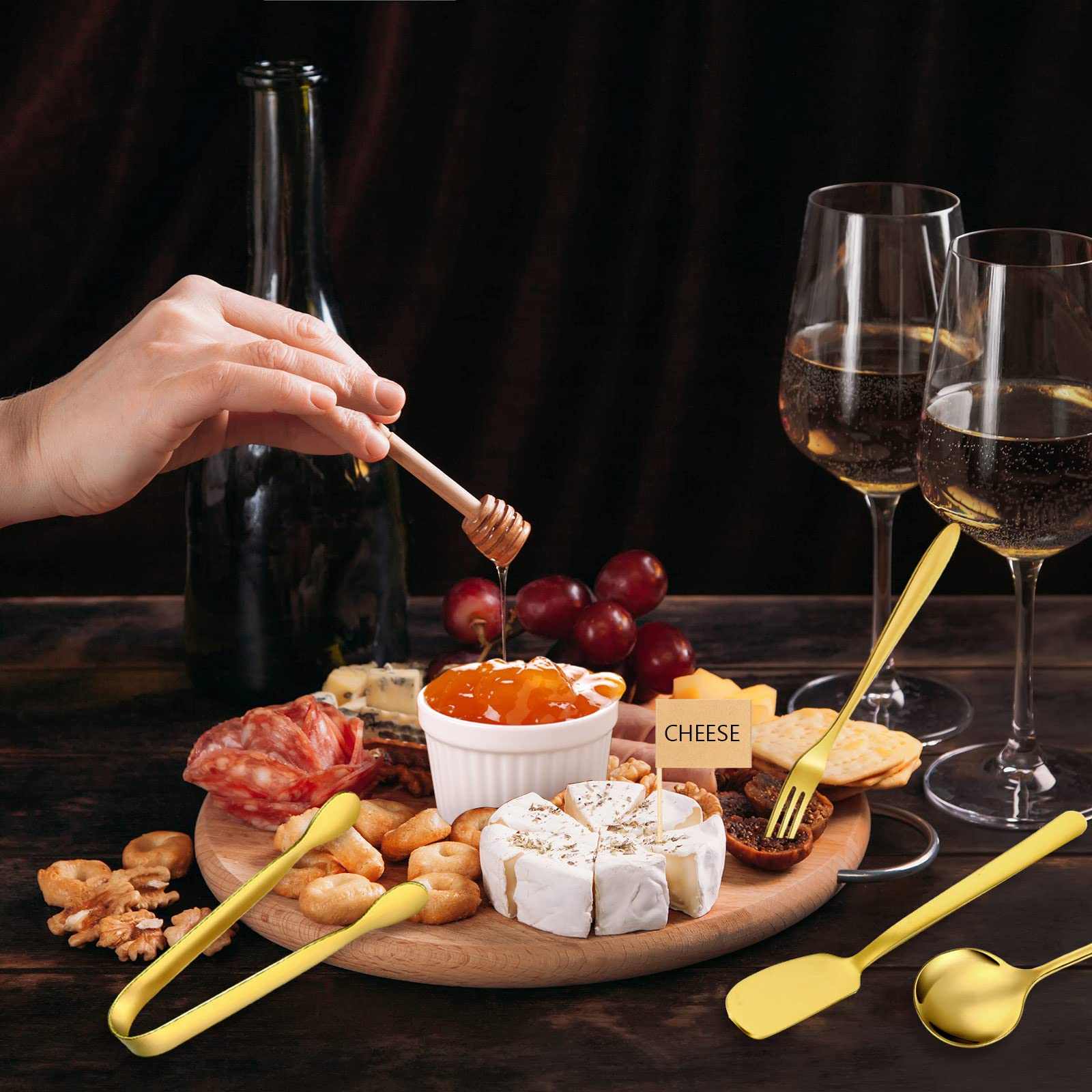 Premium Charcuterie Board Set - 18-Piece Cheese & Charcuterie Knives, Serving Tongs, Spoons, Forks with Honey Dipper & Toothpick Flags - Gold Stainless Steel Utensils for Cheese Platter, Charcuterie Party, Holiday Entertaining & Christmas Charcuterie Board