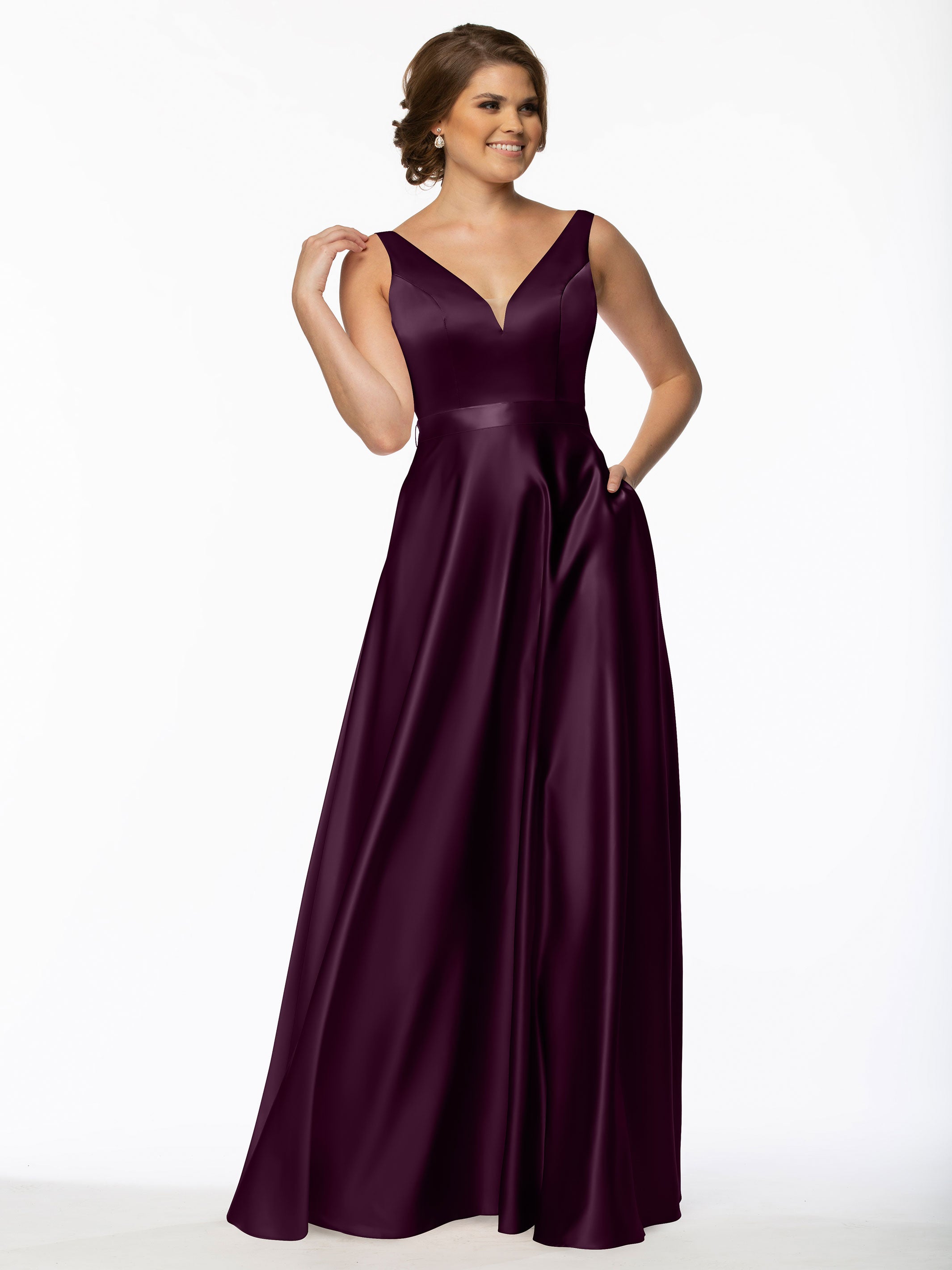 Elegant 80118 Satin A-Line Bridesmaid Dress with V-Neckline & Waist Sash - Perfect for Weddings, Formal Events & Special Occasions