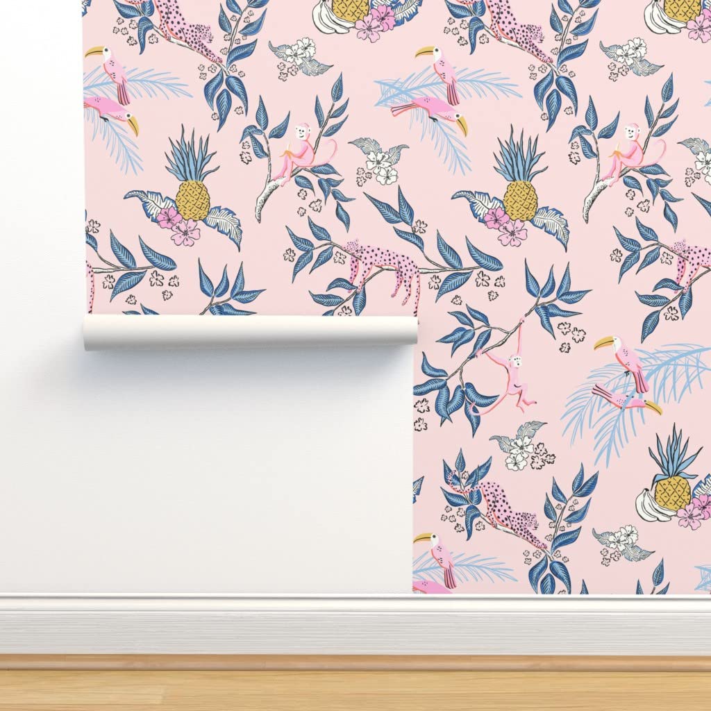 Peel & Stick Removable Wallpaper 3ft x 2ft - Jungle Toile Nature Design with Colorful Whimsical Monkeys | Modern Custom Wall Decal for Bedroom, Nursery, or Home Office Decor by Spoonflower