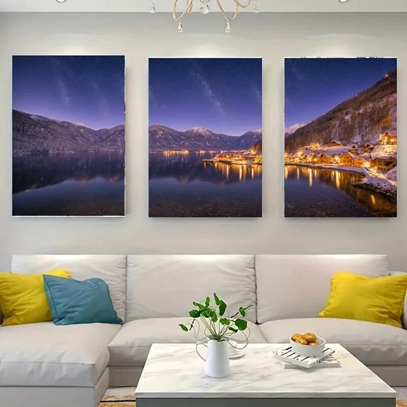3-Piece Van Gogh Starry Night Sky with Majestic White Wolf Metal Wall Art - Ready to Hang Home Decor for Living Room, Bedroom & Office