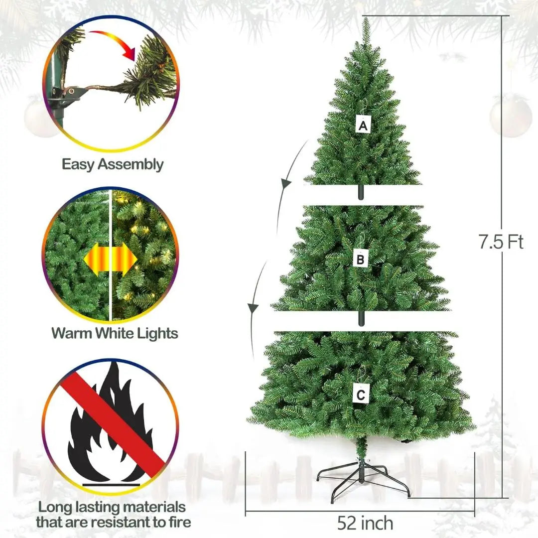 6.5'/7.5'/9' Pre-Lit Artificial Christmas Tree with Warm White LED Lights, Metal Stand & Hinged Branches - Perfect for Home, Office & Holiday Decorations