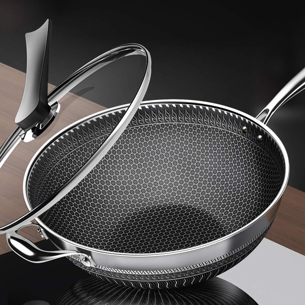LOYALHEARTDY 34CM Stainless Steel Non Stick Frying Pan with Lid - Induction Compatible Wok for Gas, Ceramic & Electric Stoves - Perfect for Stir Fry, Sautéing & Asian Cooking