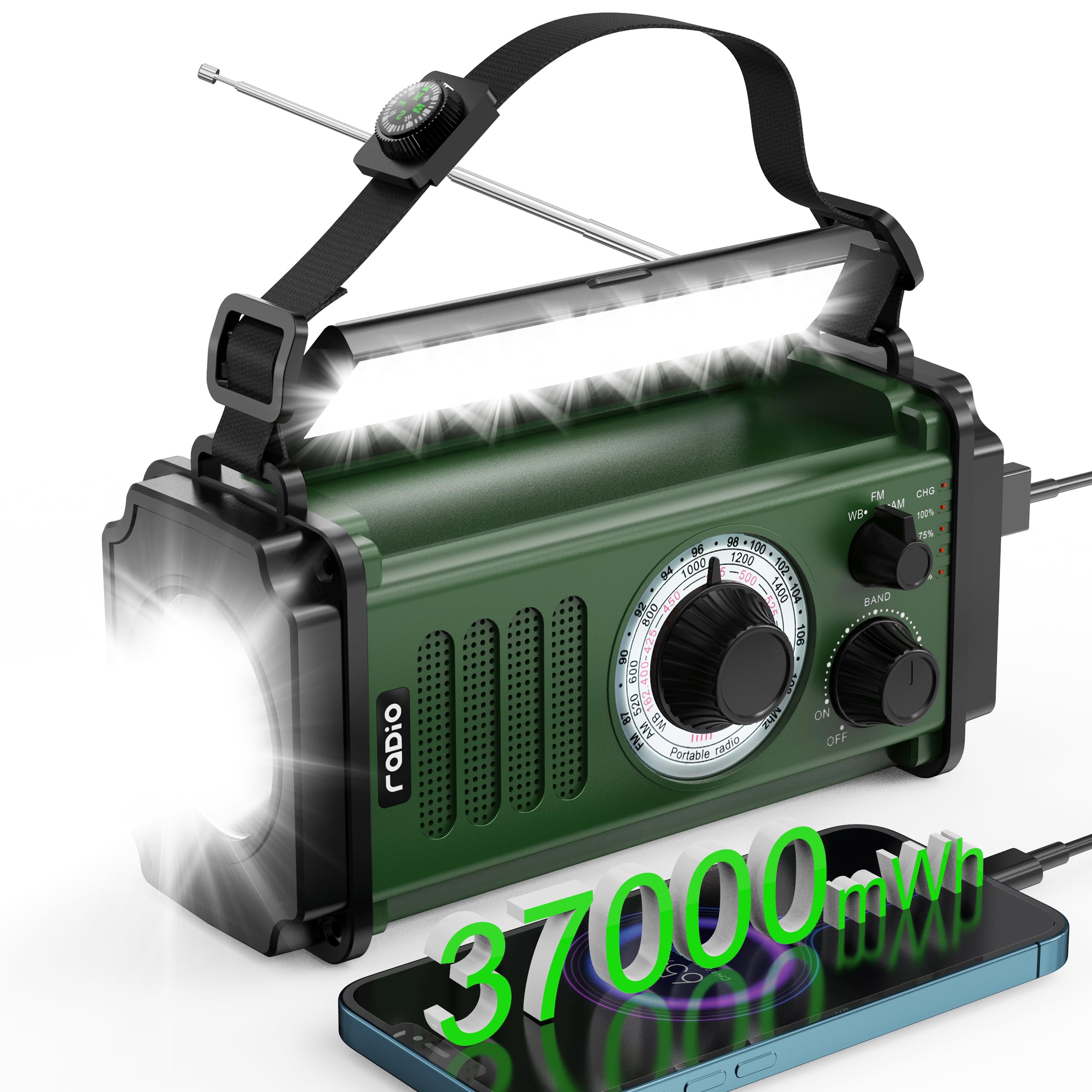 Emergency Radio with 37000mWh Hand Crank & Solar Power - NOAA AM/FM Weather Radio, 5 Charging Methods, Polymer Battery, Flashlight & Reading Lamp, SOS Alarm, Phone Charger - Perfect for Camping, Hiking, and Power Outages