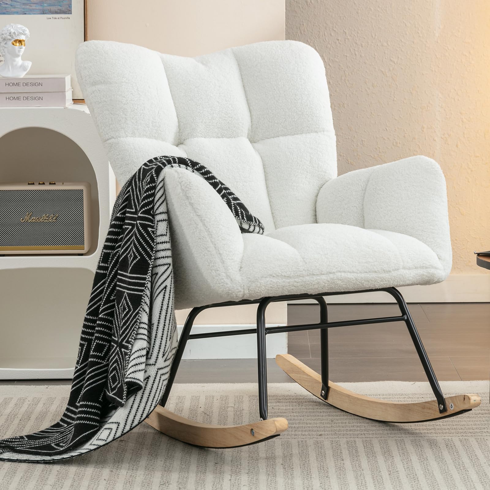 Teddy Upholstered Nursery Rocking Chair - High Back Glider Rocker with Metal Legs, Comfortable Accent Armchair for Baby Room, Living Room Reading & Nursing Chair (White) | Perfect for Nurseries, Breastfeeding, Storytime & Relaxation