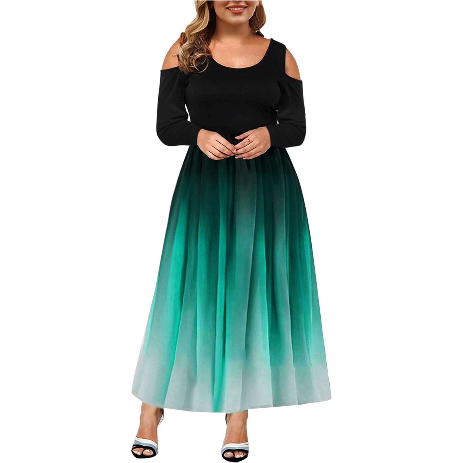Elegant Plus Size Off Shoulder Strapless Long Sleeve Maxi Dress for Wedding Guest & Cocktail Party | Formal Gradient Evening Gown for Women | Perfect for Fall Weddings, Holiday Parties & Special Occasions